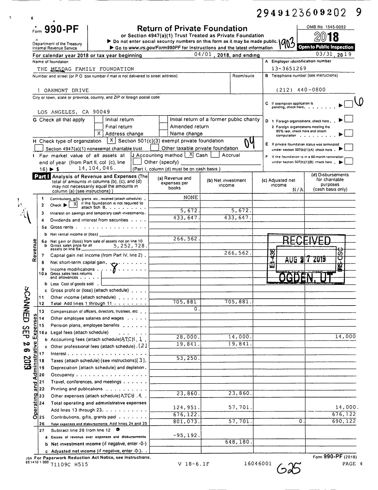 Image of first page of 2018 Form 990PF for The Mesdag Family Foundation