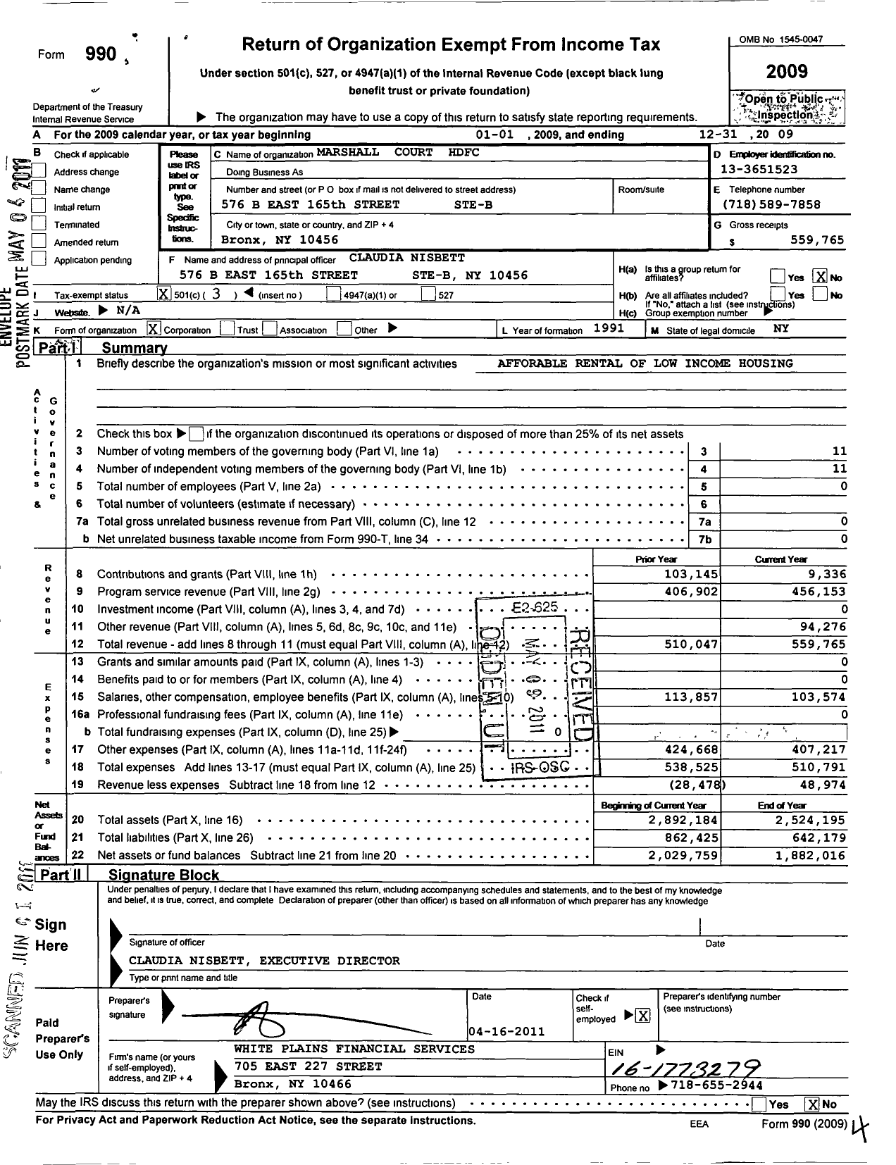 Image of first page of 2009 Form 990 for Marshall Court HDFC Corporation