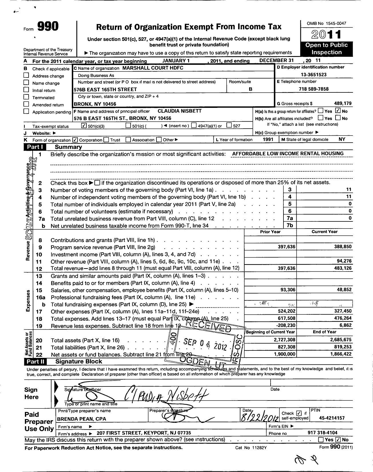 Image of first page of 2011 Form 990 for Marshall Court HDFC Corporation