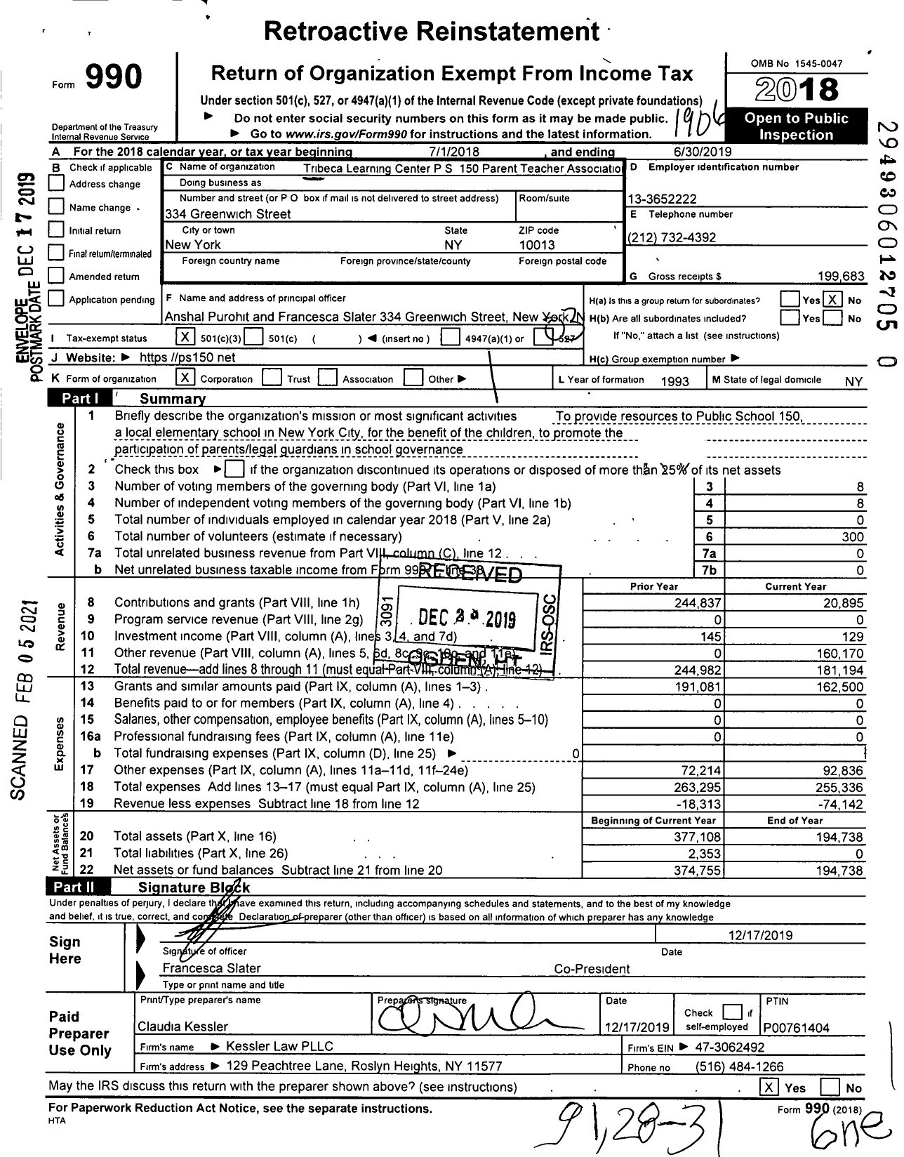 Image of first page of 2018 Form 990 for The Tribeca Learning Center PS 150 PTA