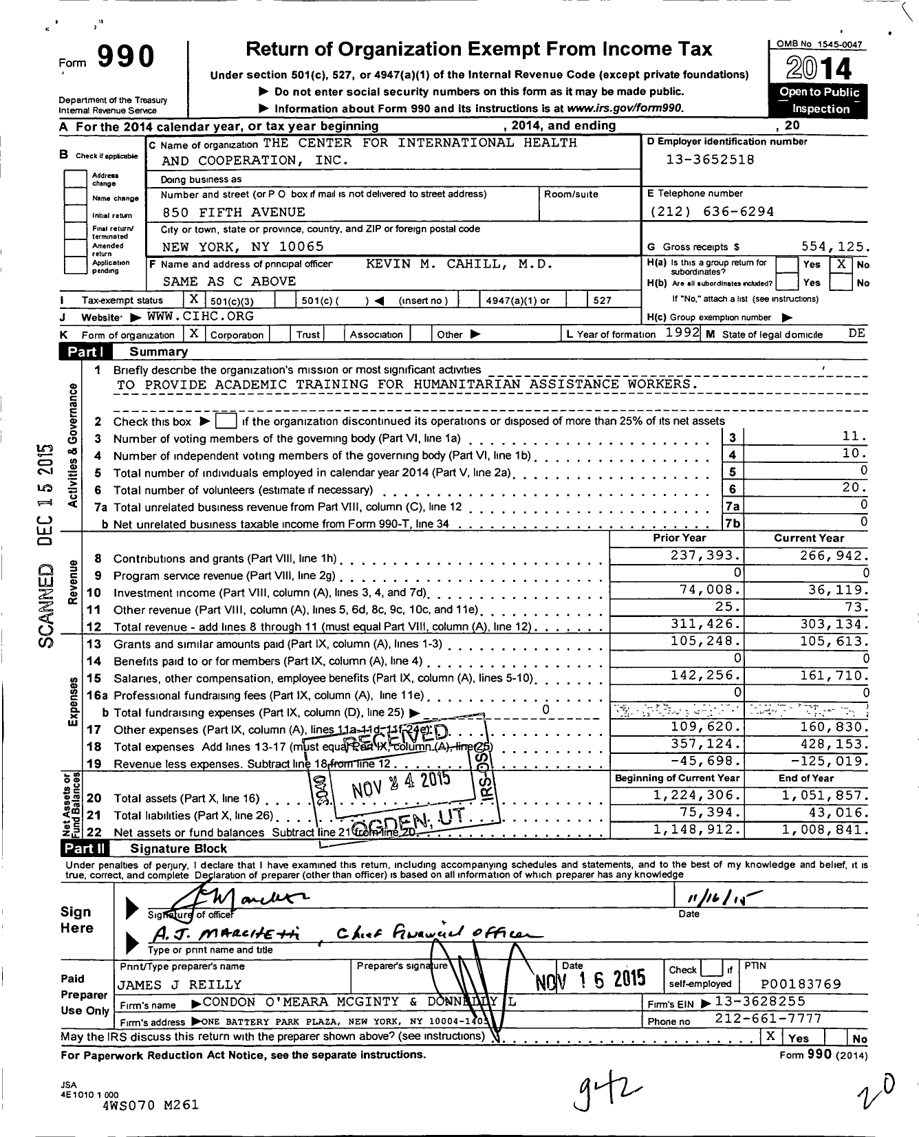 Image of first page of 2014 Form 990 for The Center for International Health and Cooperation