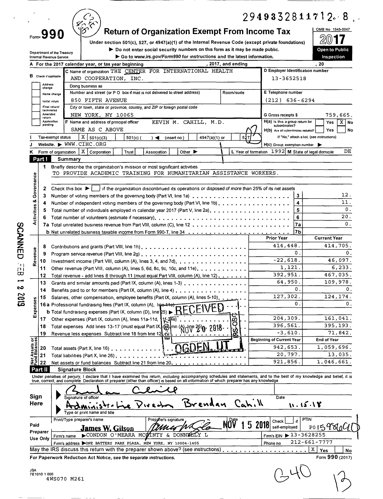 Image of first page of 2017 Form 990 for The Center for International Health and Cooperation