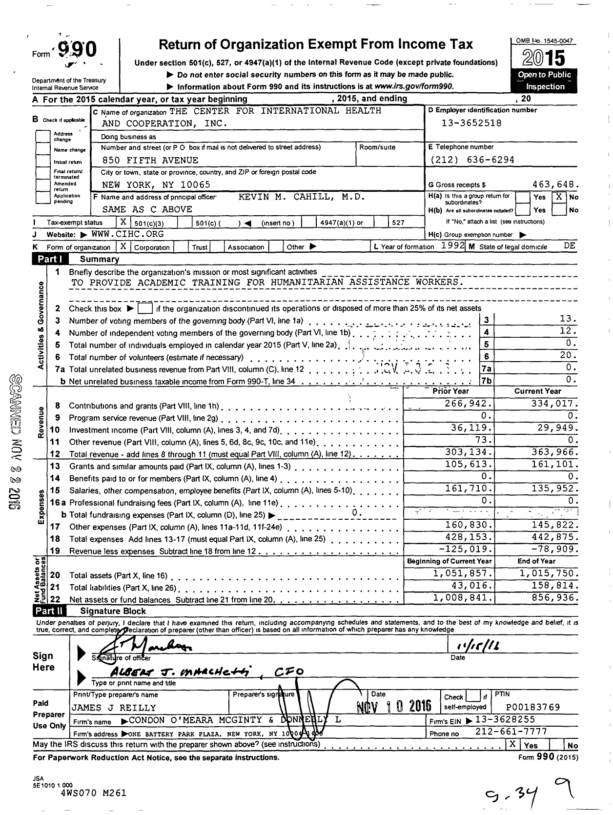 Image of first page of 2015 Form 990 for The Center for International Health and Cooperation