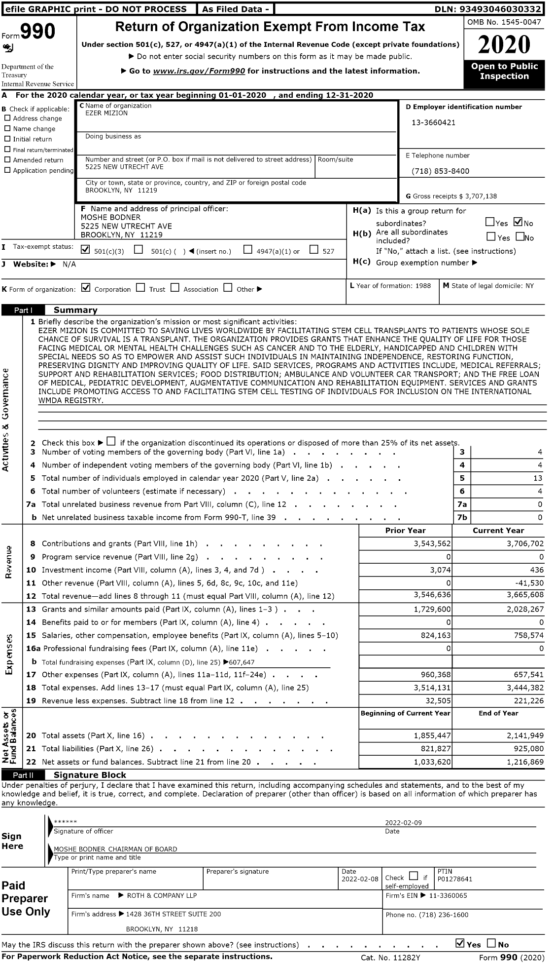 Image of first page of 2020 Form 990 for Ezer Mizion