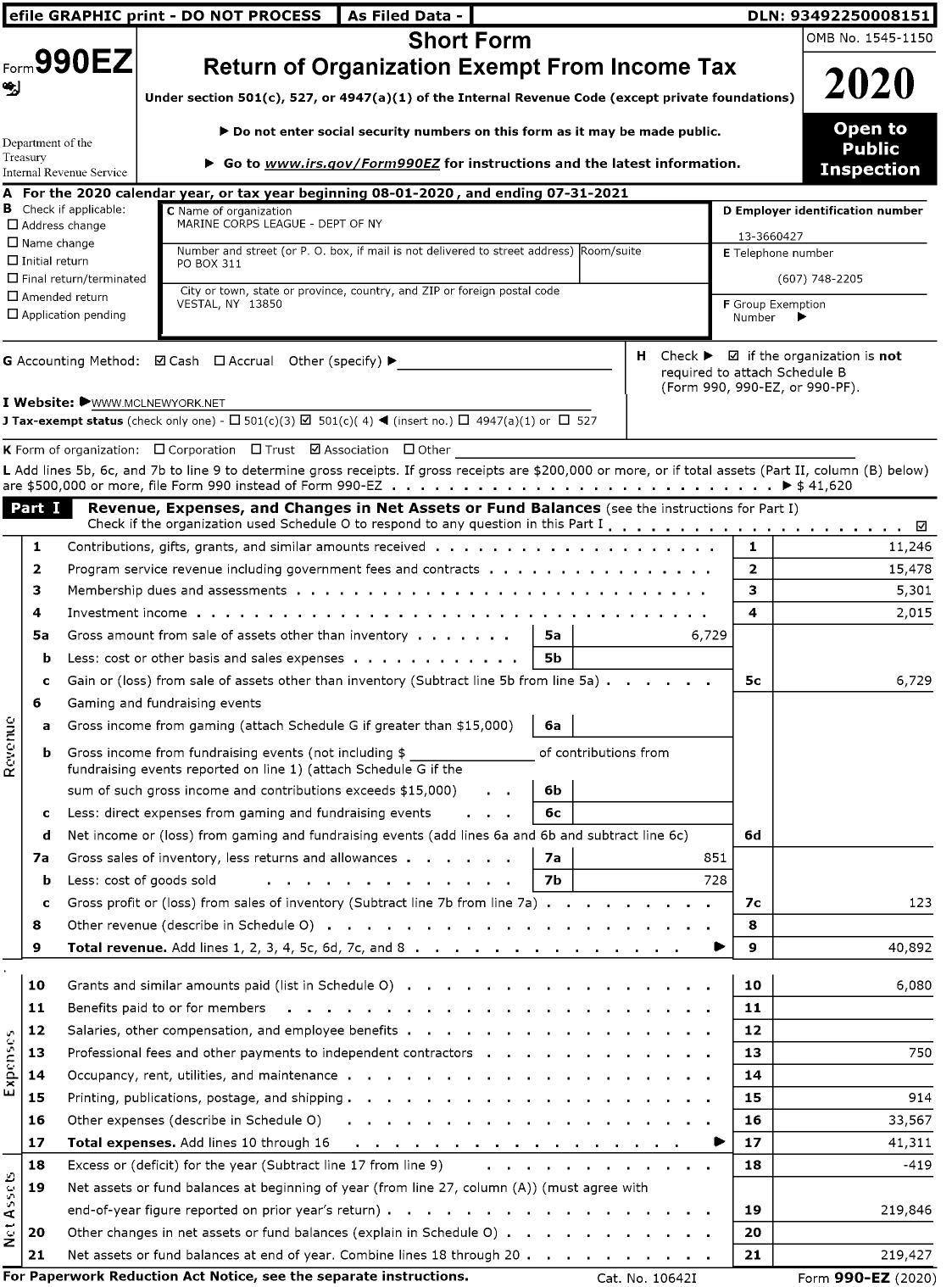 Image of first page of 2020 Form 990EO for Marine Corps League - Dept of New York MCL