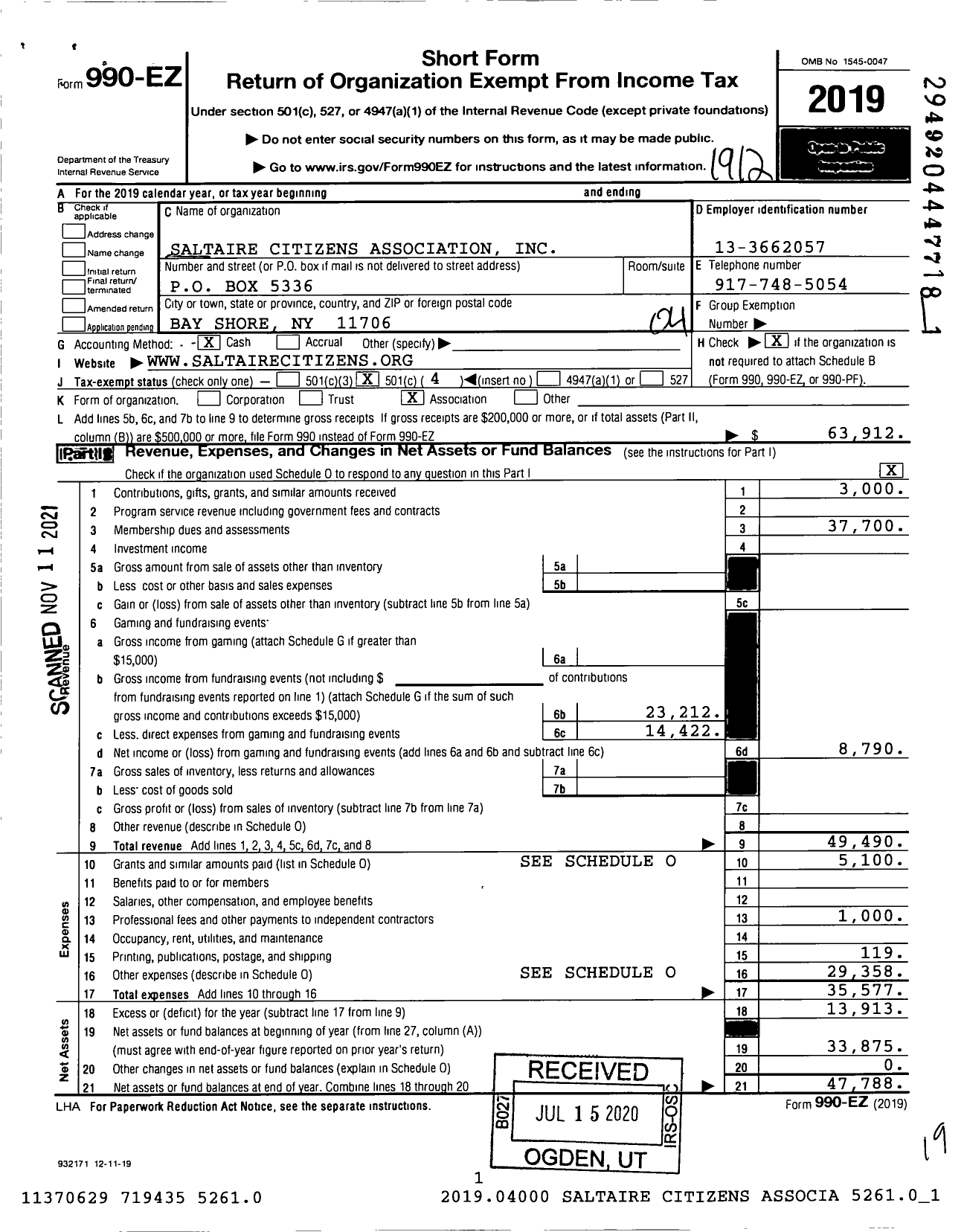 Image of first page of 2019 Form 990EO for Saltaire Citizens Advisory Association (SCAA)