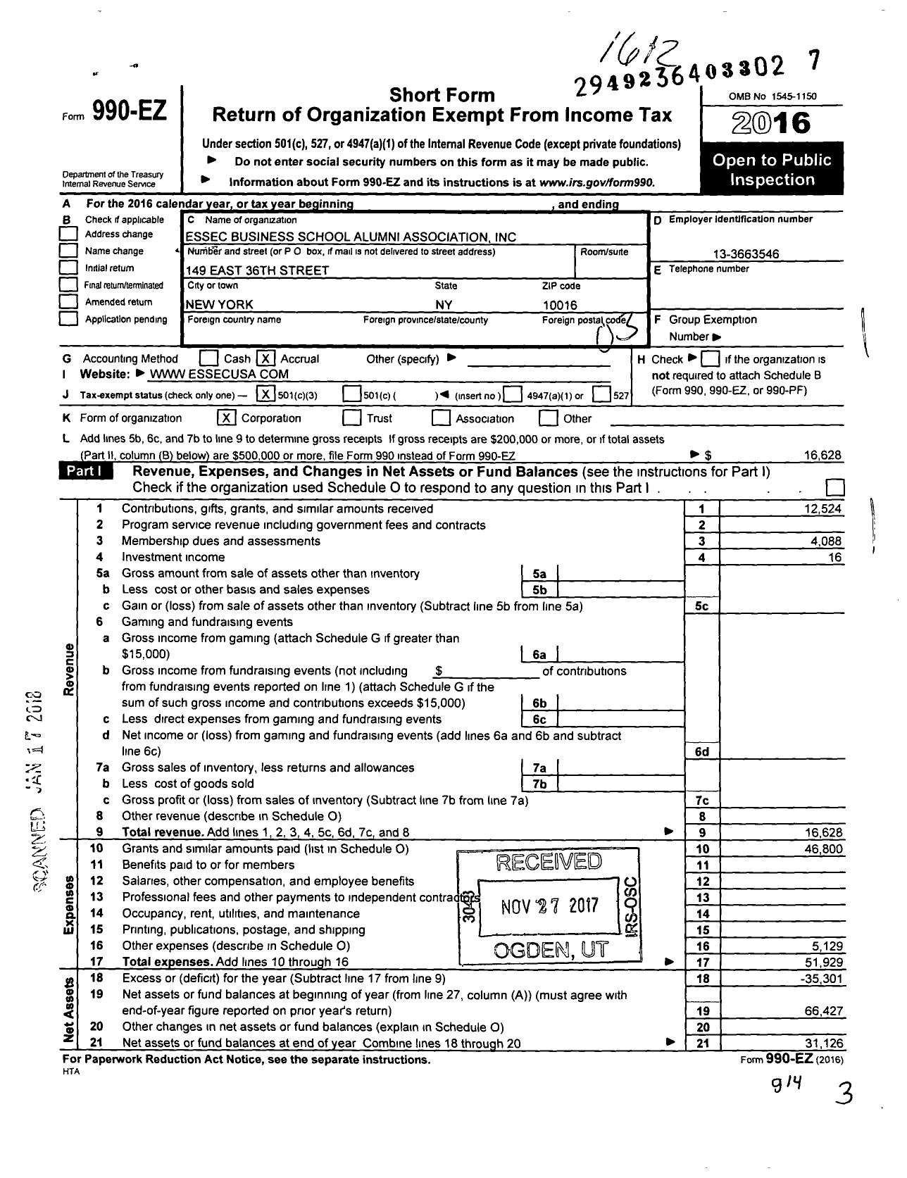 Image of first page of 2016 Form 990EZ for Essec Business School Alumni Association