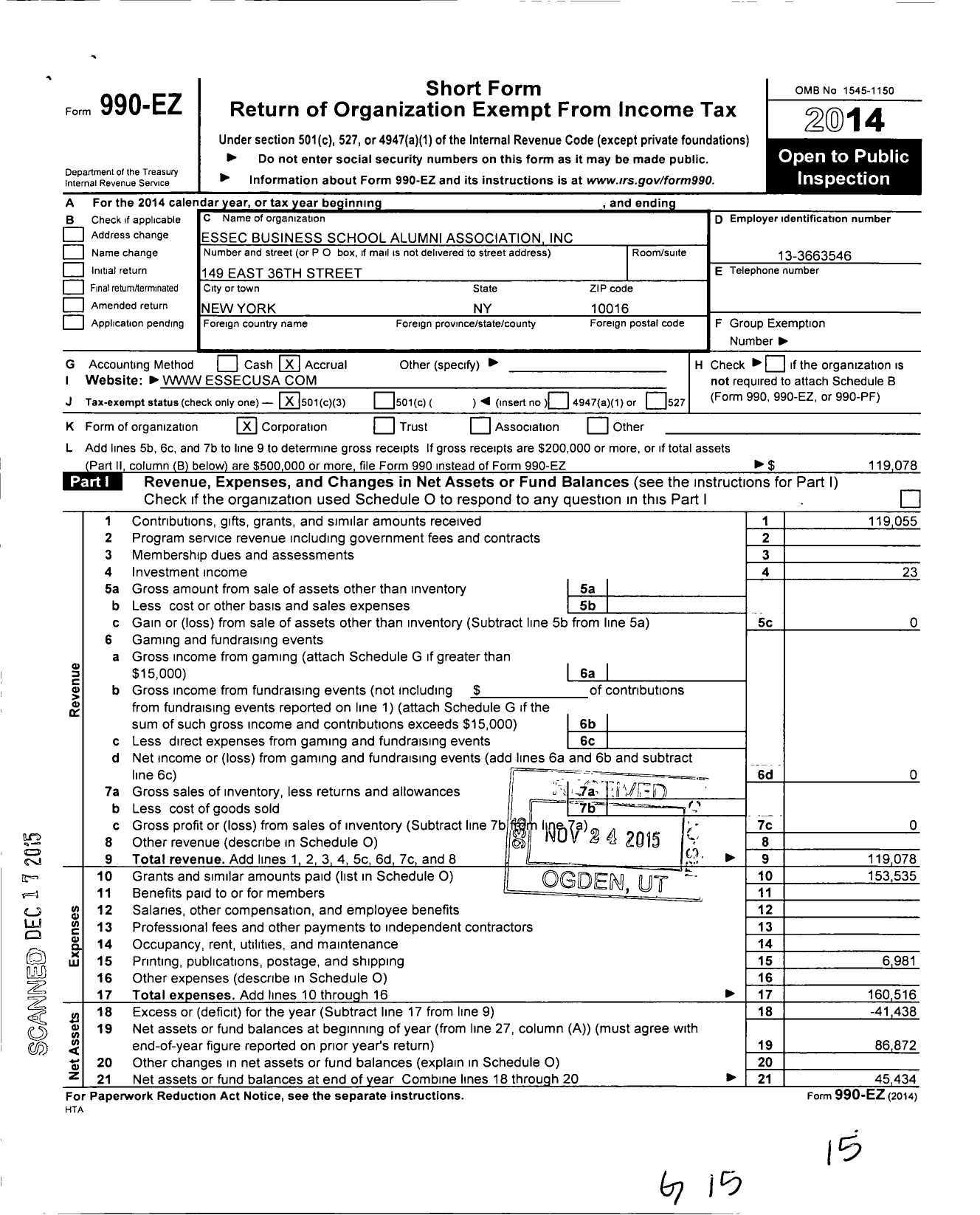 Image of first page of 2014 Form 990EZ for Essec Business School Alumni Association