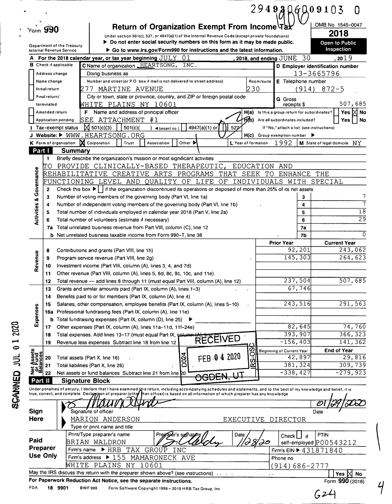 Image of first page of 2018 Form 990 for Heartsong