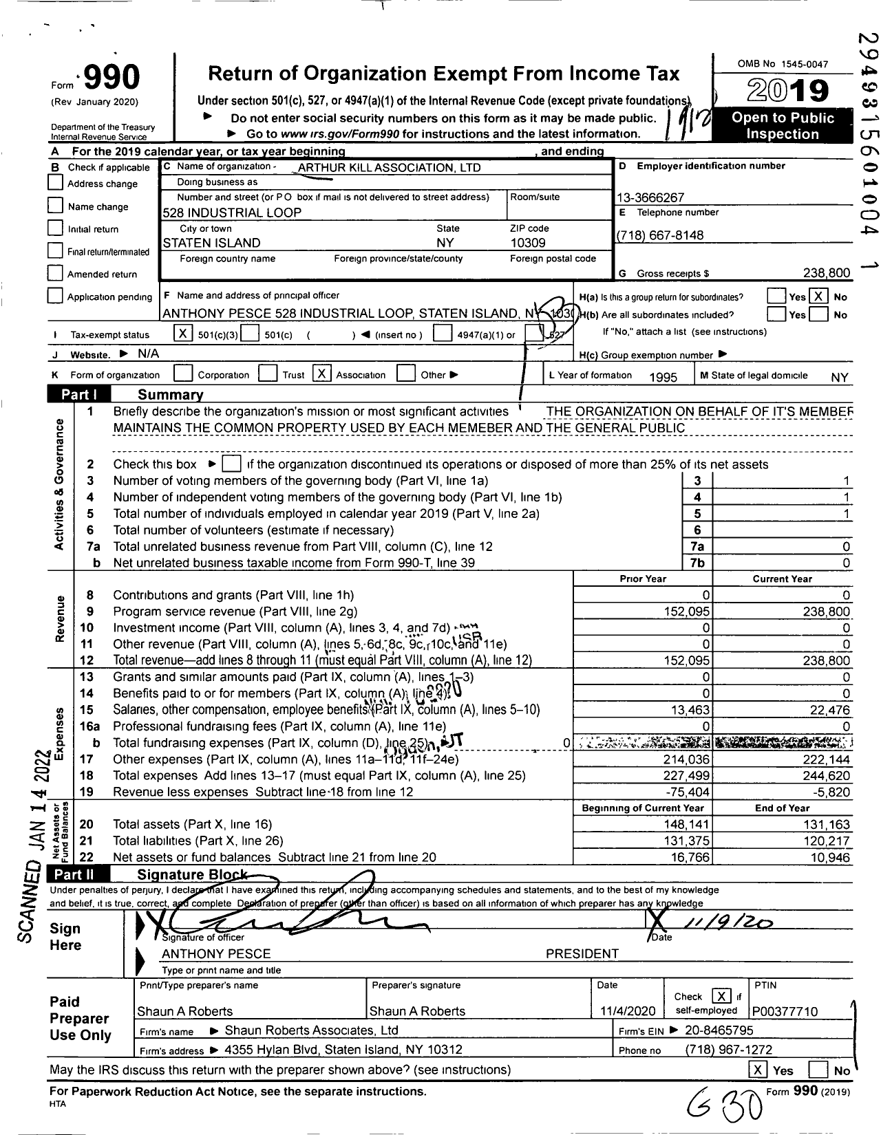 Image of first page of 2019 Form 990 for Arthur Kill Association