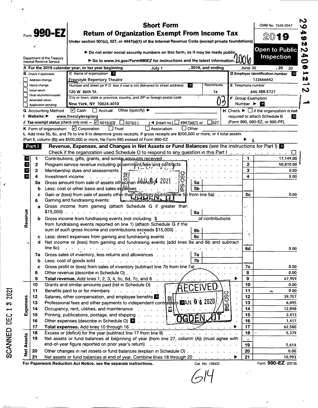 Image of first page of 2019 Form 990EZ for Freestyle Repertory Theatre