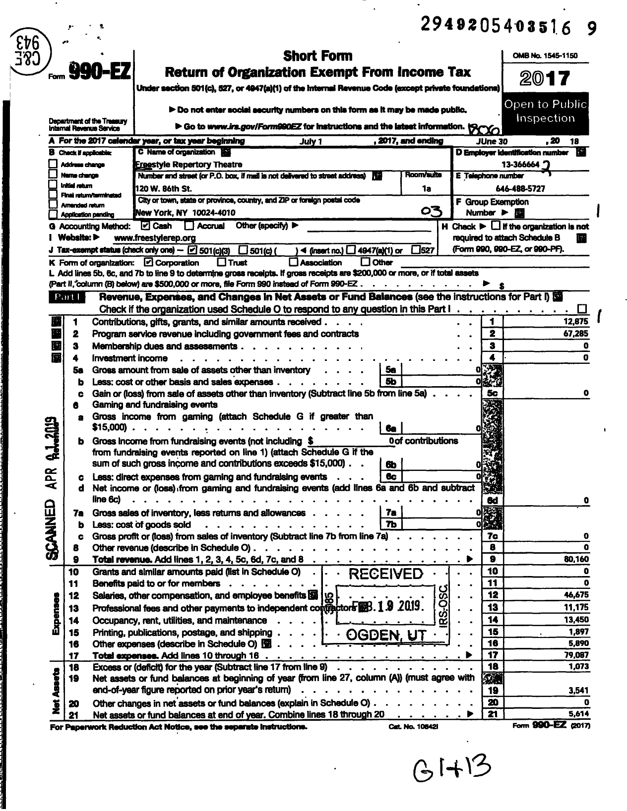 Image of first page of 2017 Form 990EZ for Freestyle Repertory Theatre