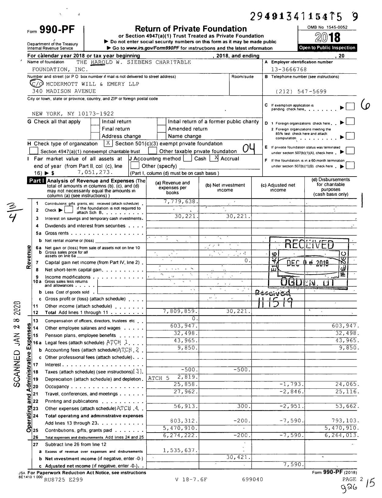 Image of first page of 2018 Form 990PF for The Harold W Siebens Charitable Foundation