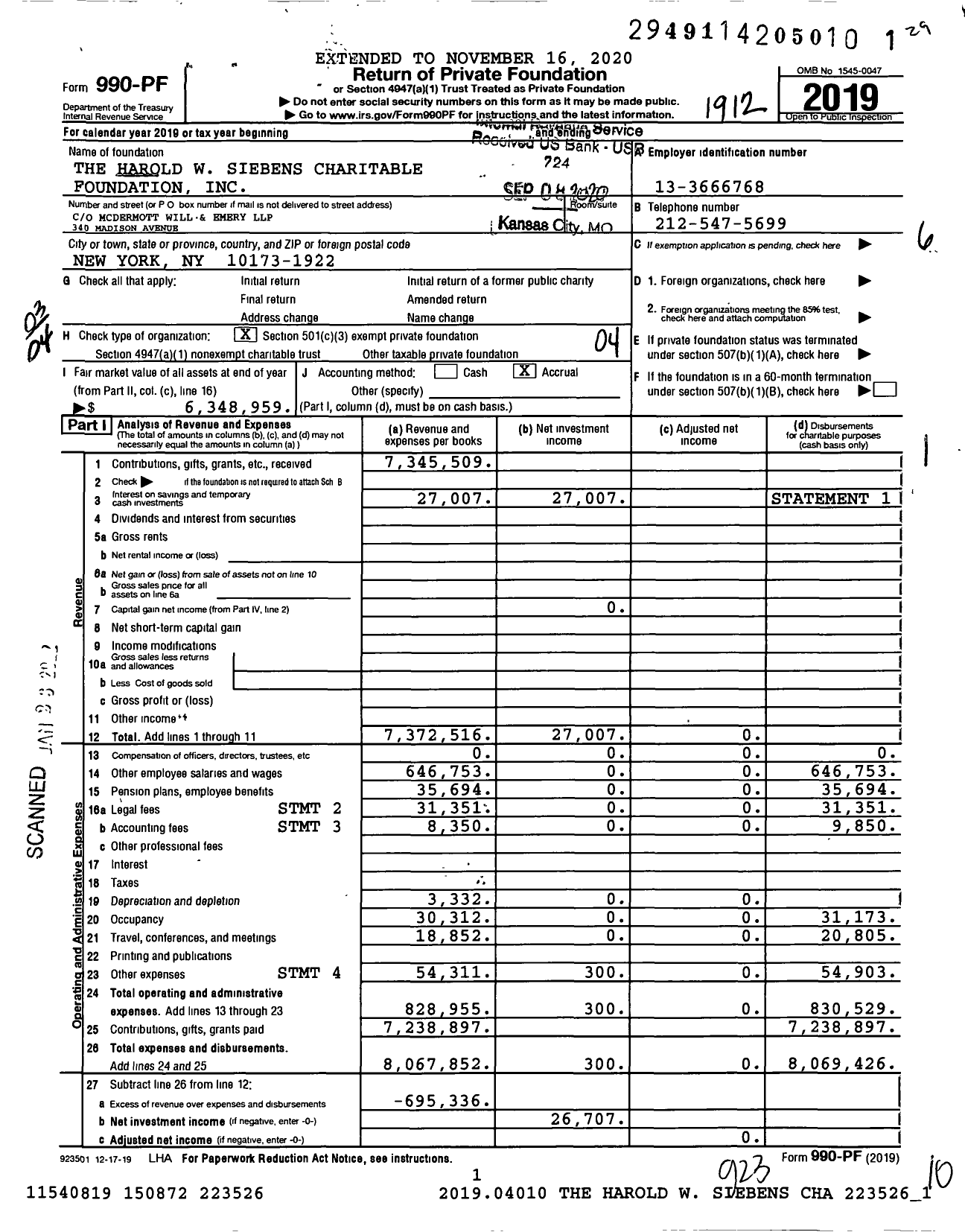 Image of first page of 2019 Form 990PF for The Harold W Siebens Charitable Foundation