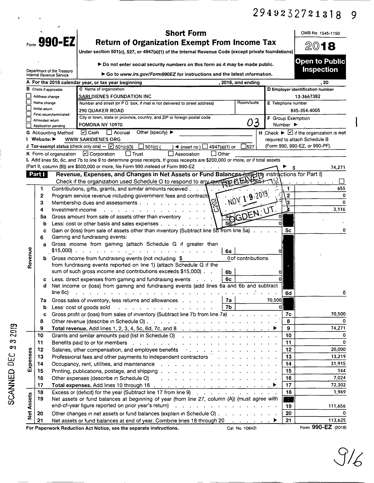 Image of first page of 2018 Form 990EZ for Sari Dienes Foundation