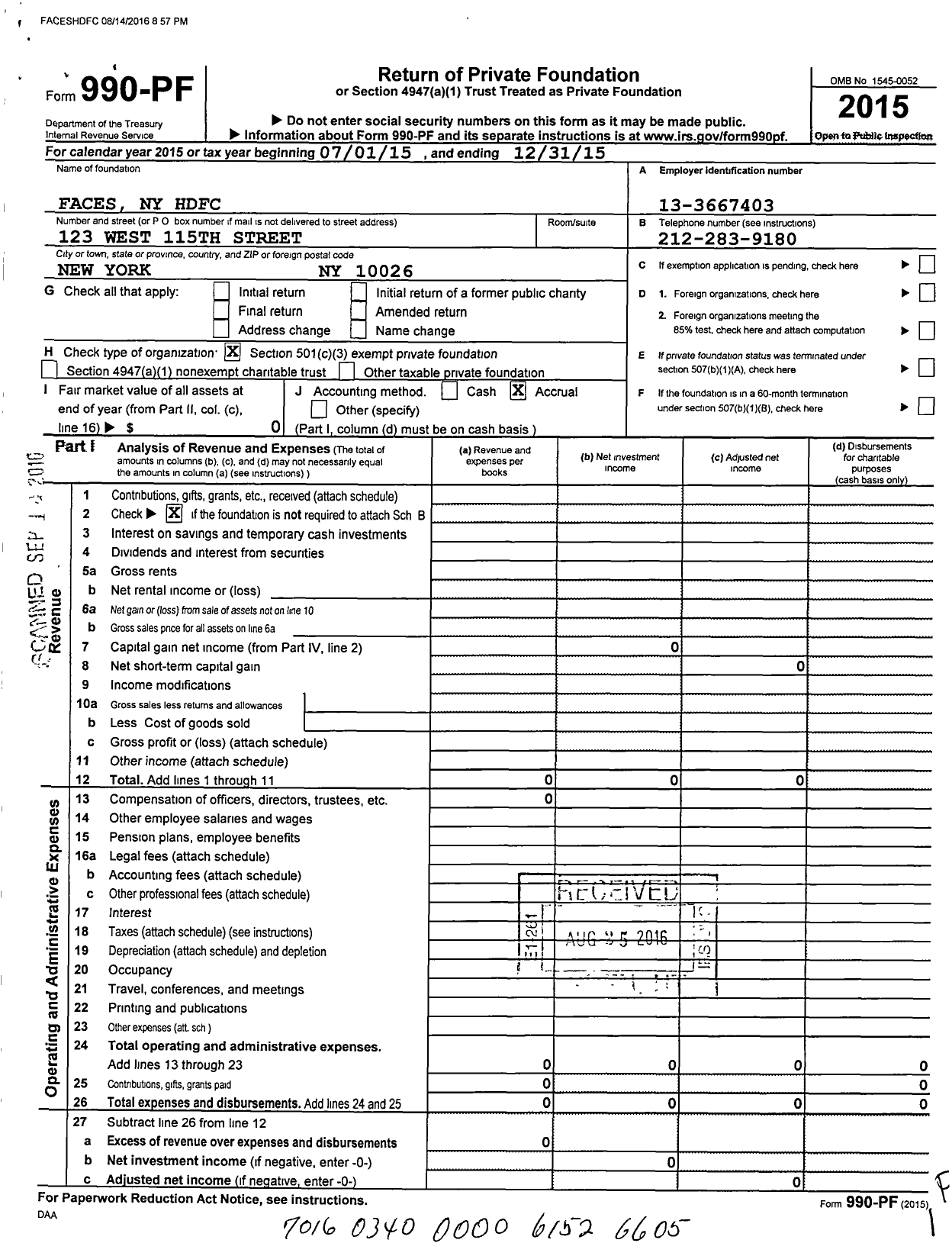 Image of first page of 2015 Form 990PF for Faces Ny HDFC