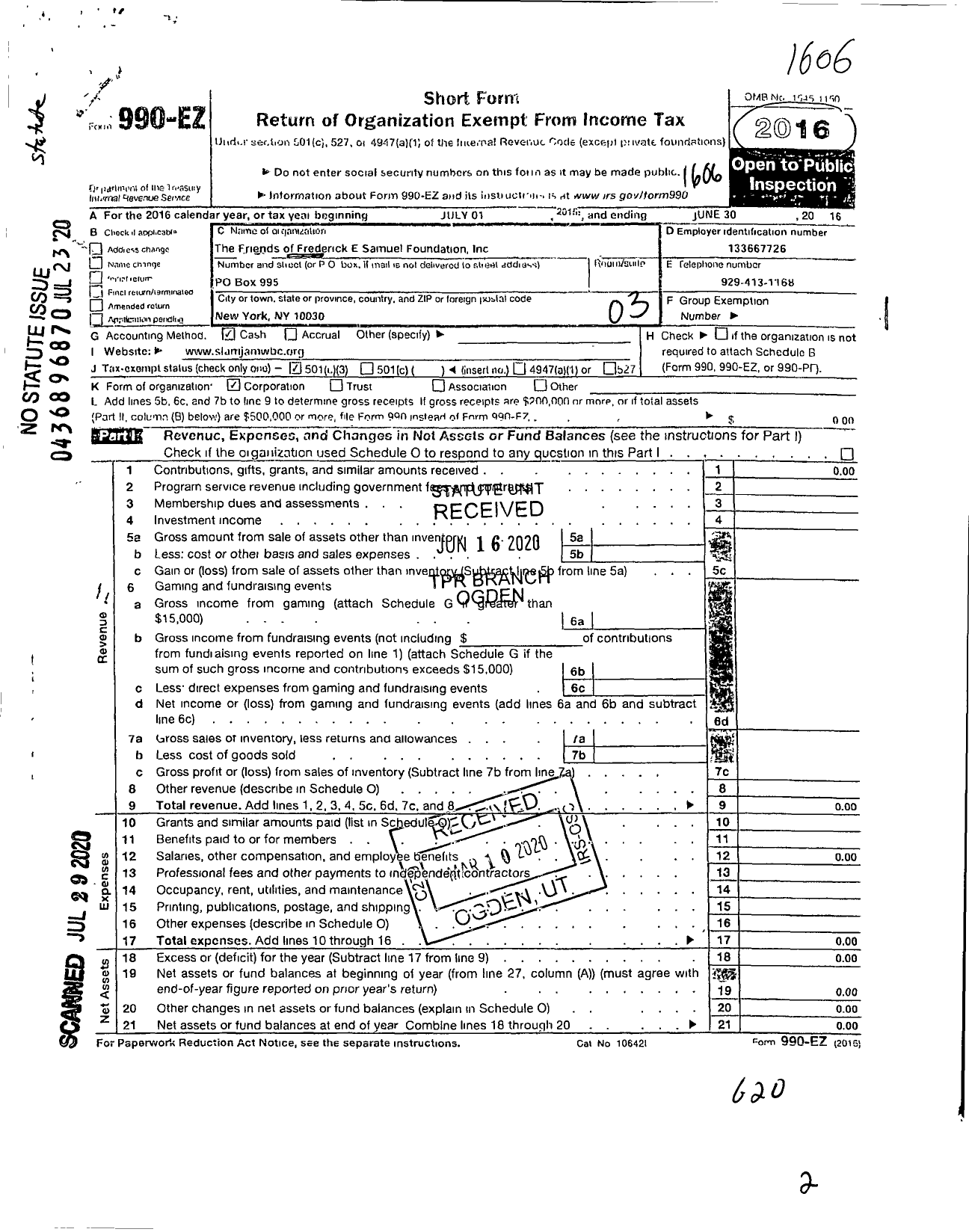 Image of first page of 2015 Form 990EA for Friends of Fredrick E Samuel Foundation