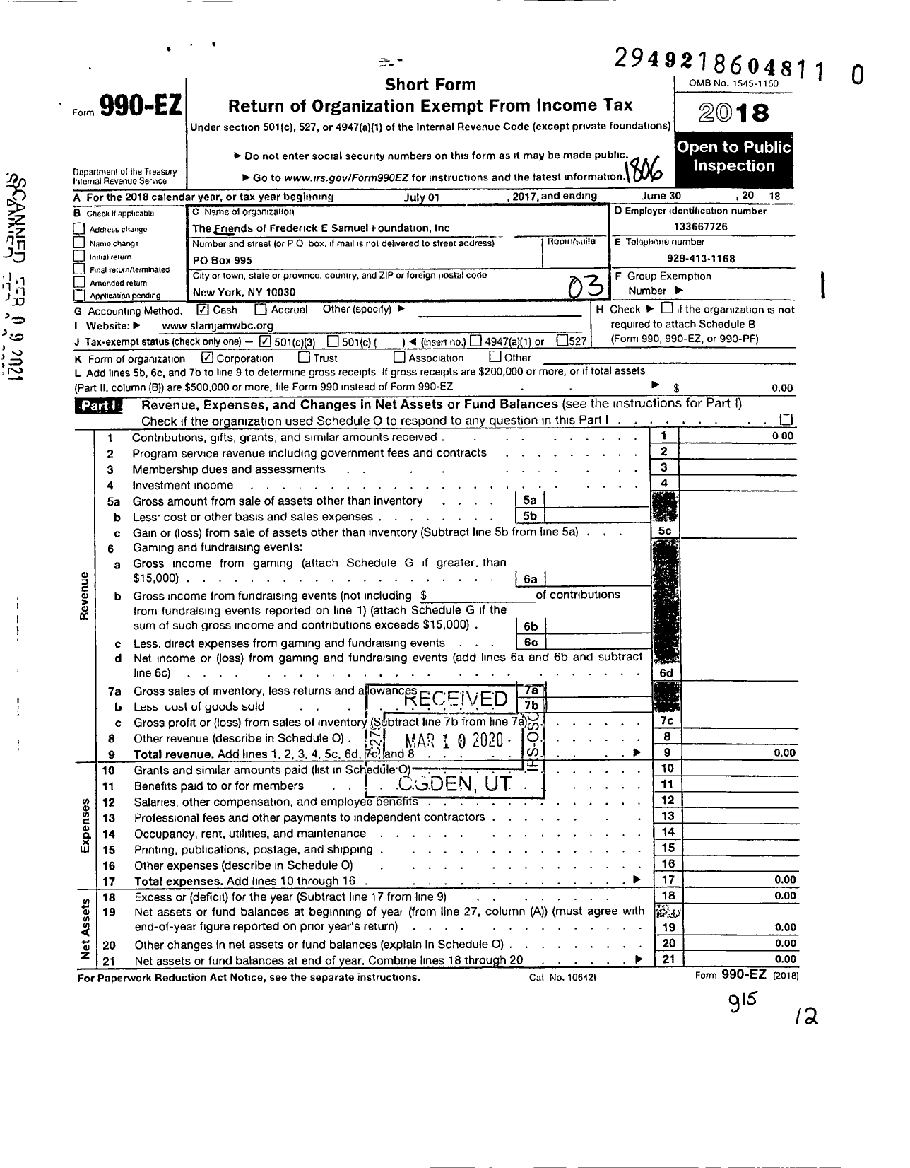 Image of first page of 2017 Form 990EZ for Friends of Fredrick E Samuel Foundation