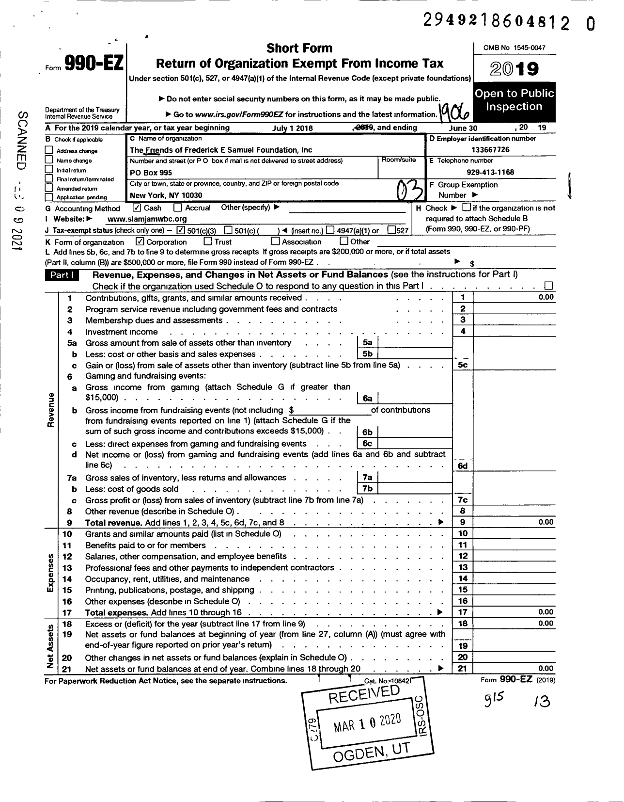 Image of first page of 2018 Form 990EZ for Friends of Fredrick E Samuel Foundation