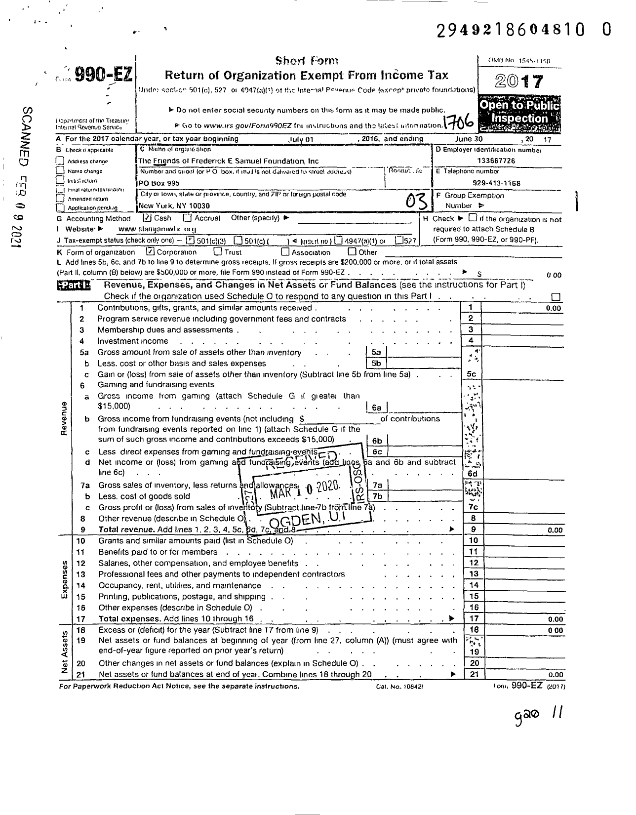 Image of first page of 2016 Form 990EZ for Friends of Fredrick E Samuel Foundation