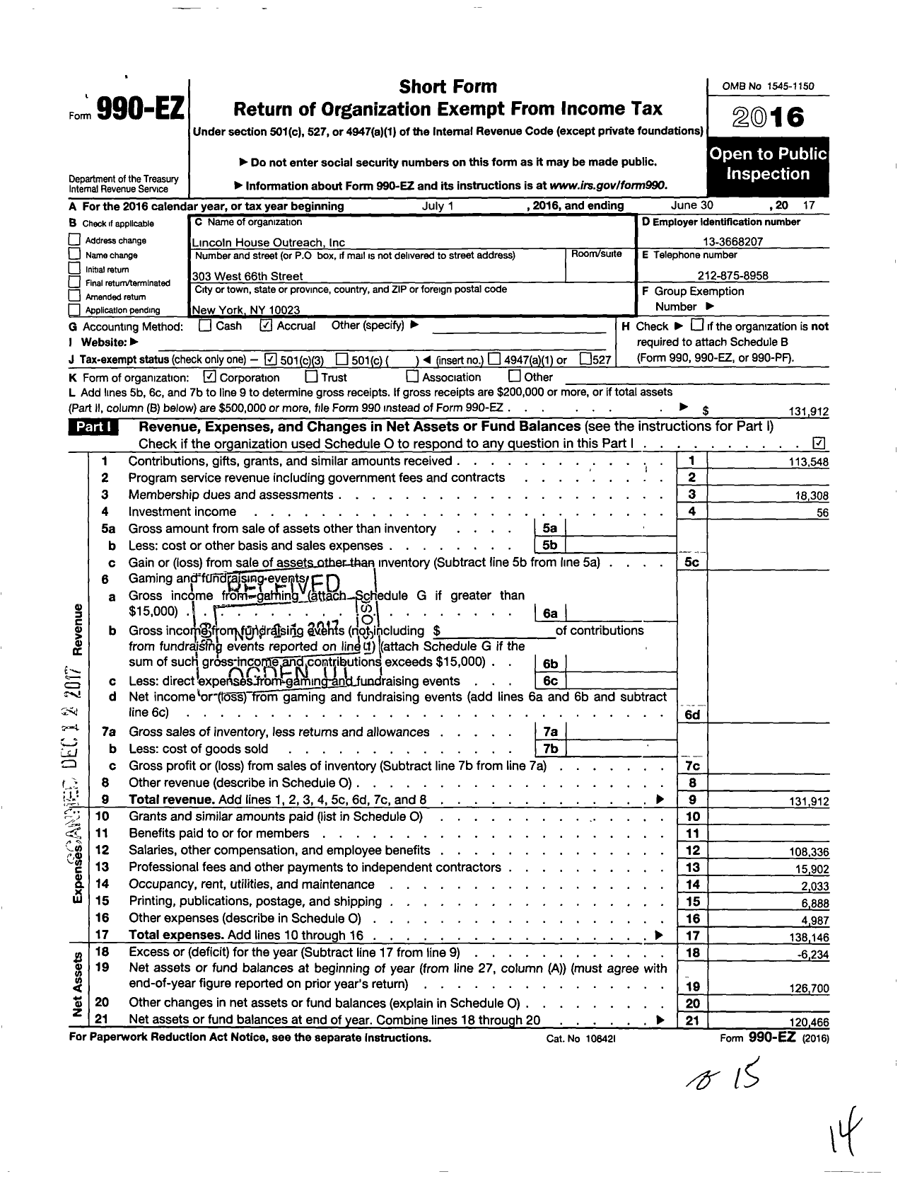 Image of first page of 2016 Form 990EZ for Lincoln House Outreach