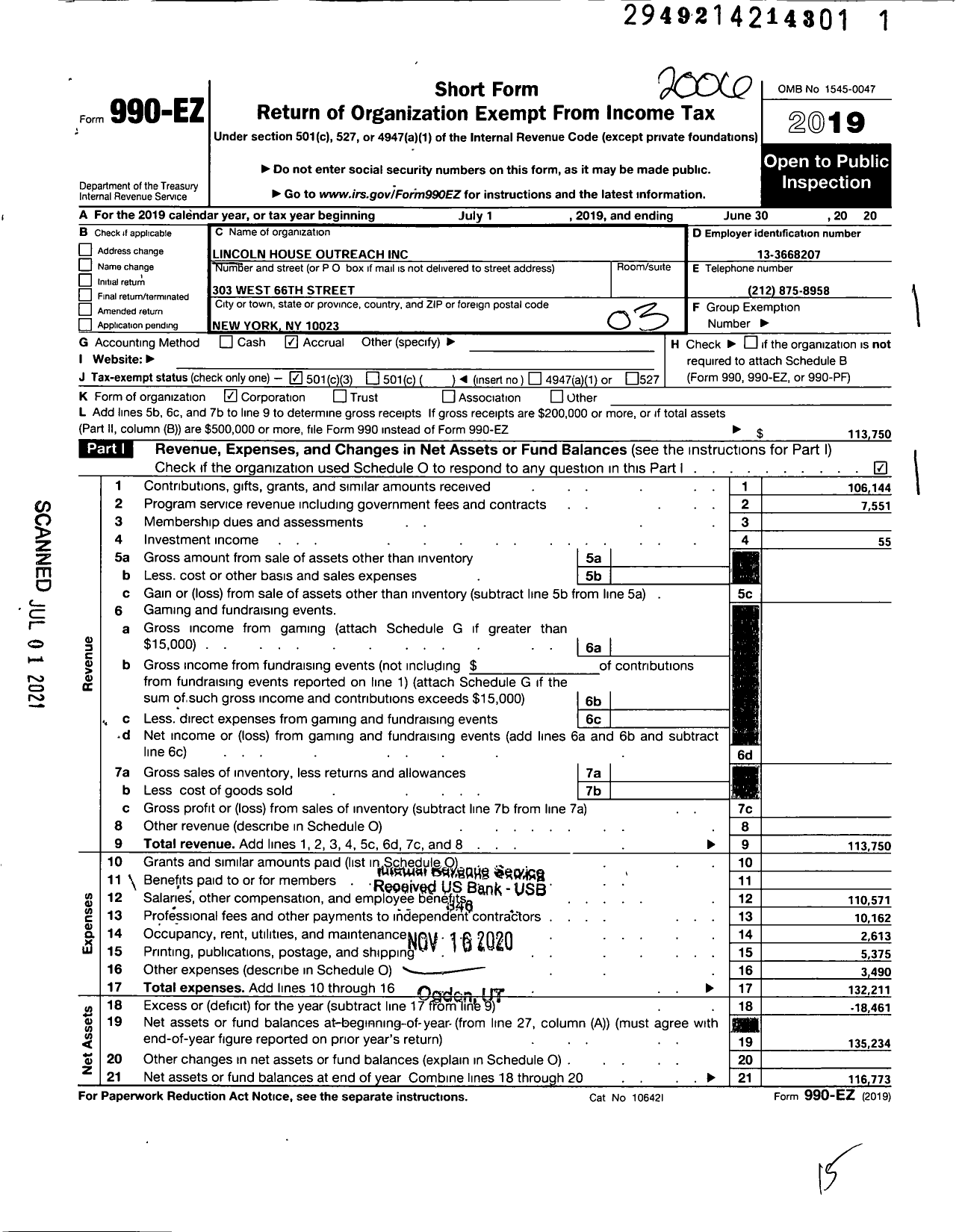 Image of first page of 2019 Form 990EZ for Lincoln House Outreach