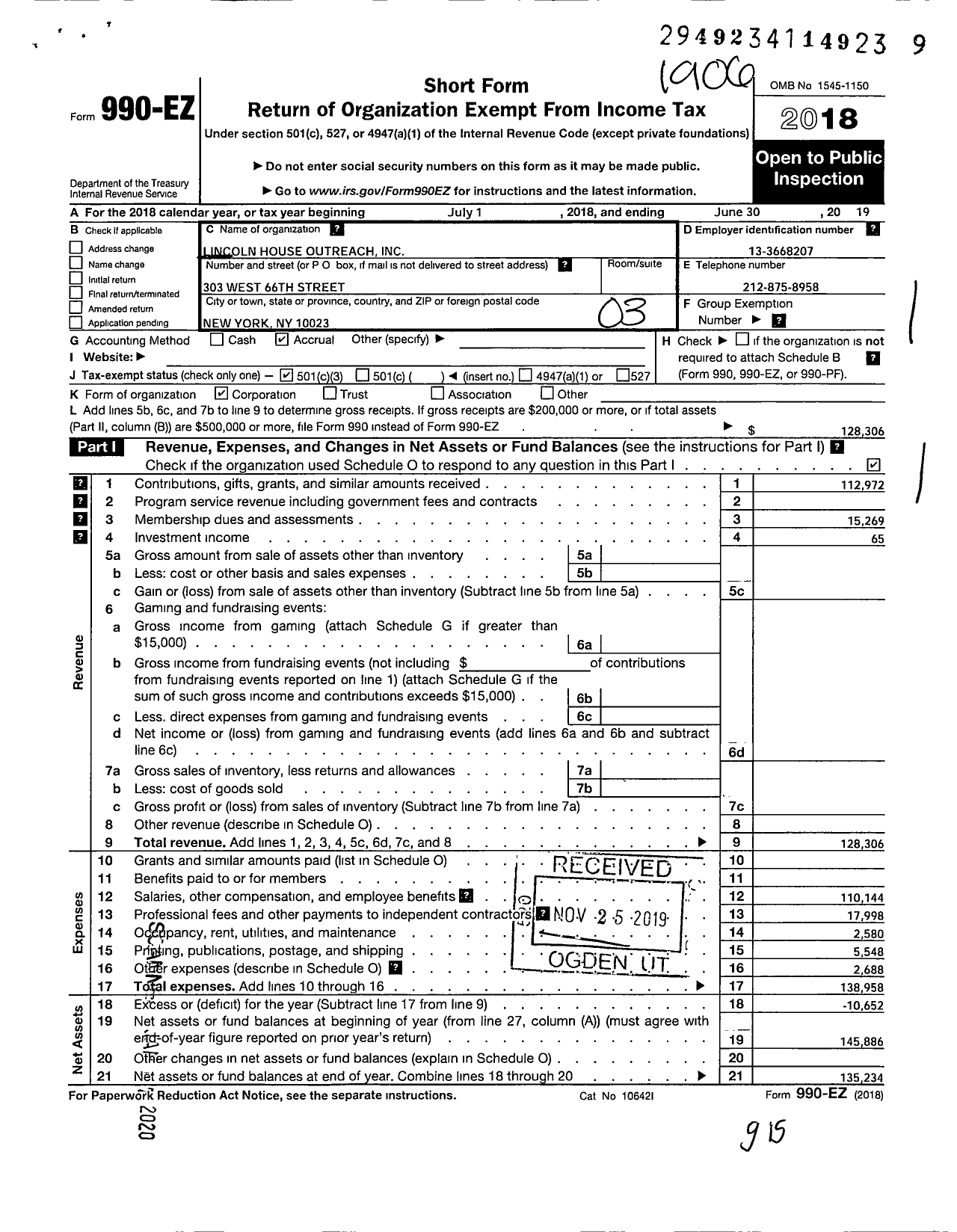 Image of first page of 2018 Form 990EZ for Lincoln House Outreach