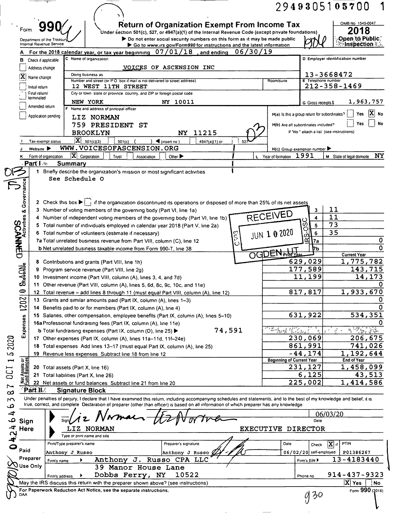 Image of first page of 2018 Form 990 for Voices of Ascension