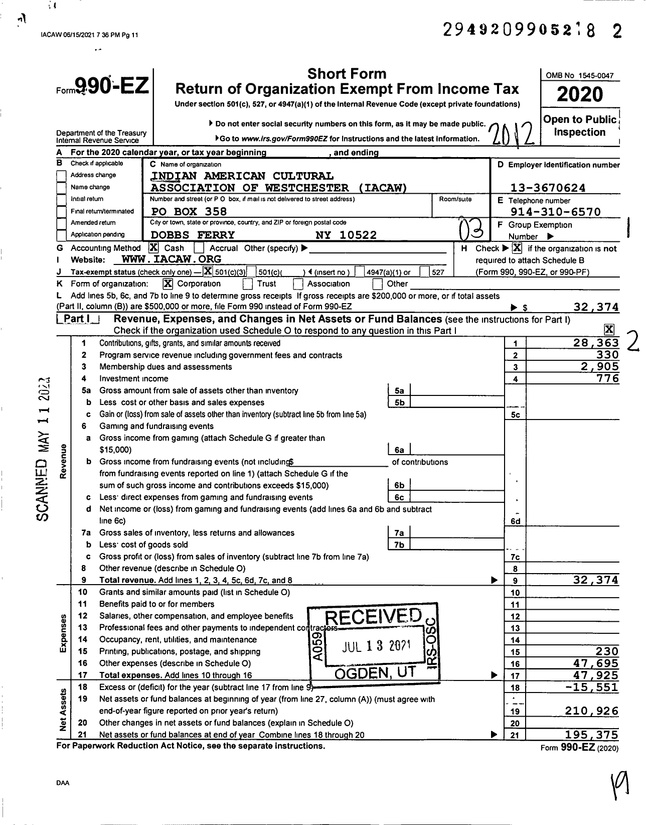 Image of first page of 2020 Form 990EZ for Indian American Cultural Association of Westchester (IACAW)