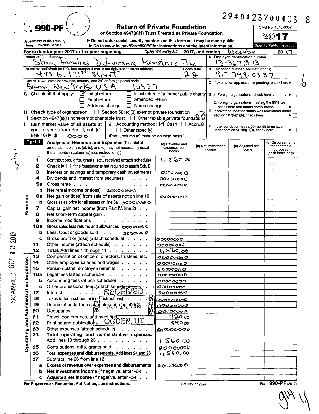 Image of first page of 2017 Form 990PF for Strong Families Deliverance Ministries