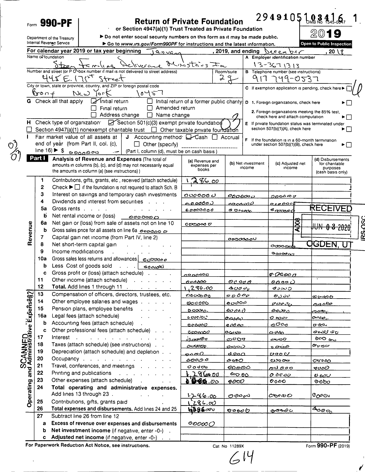 Image of first page of 2019 Form 990PF for Strong Families Deliverance Ministries