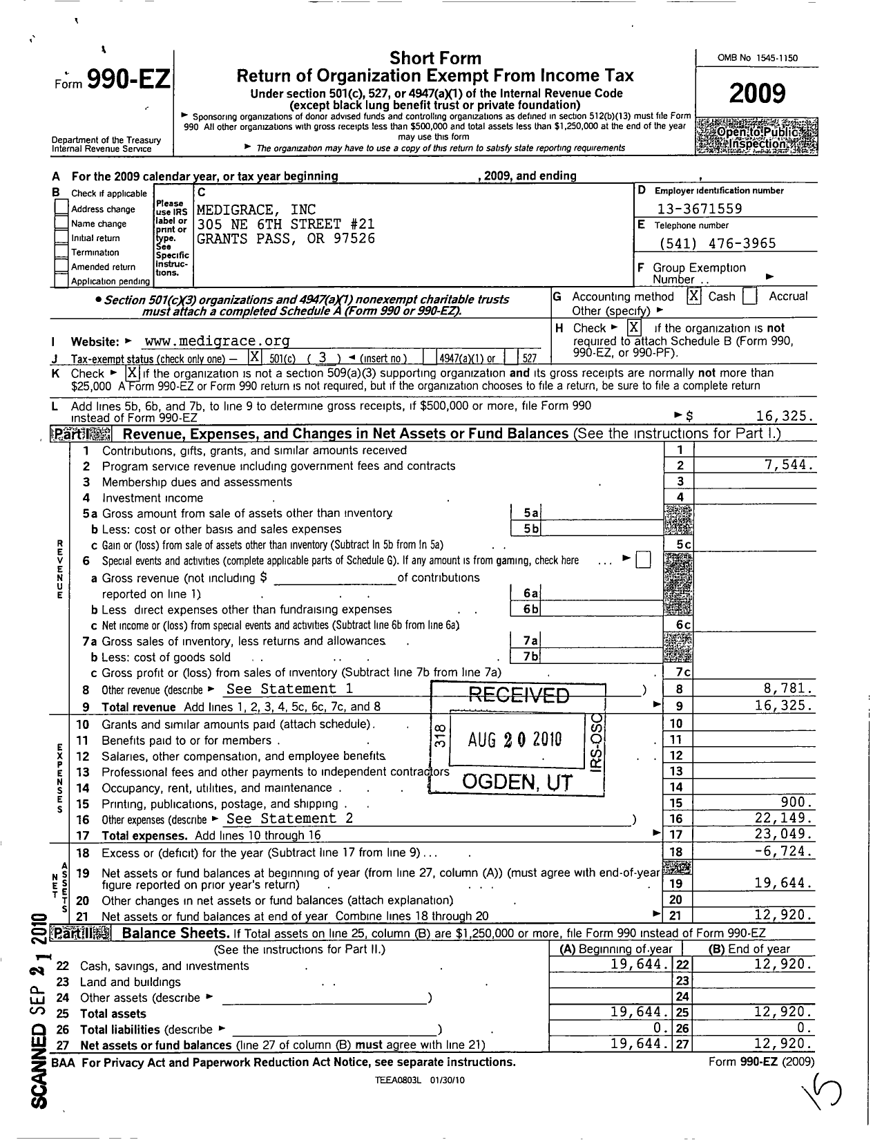 Image of first page of 2009 Form 990EZ for Medigrace