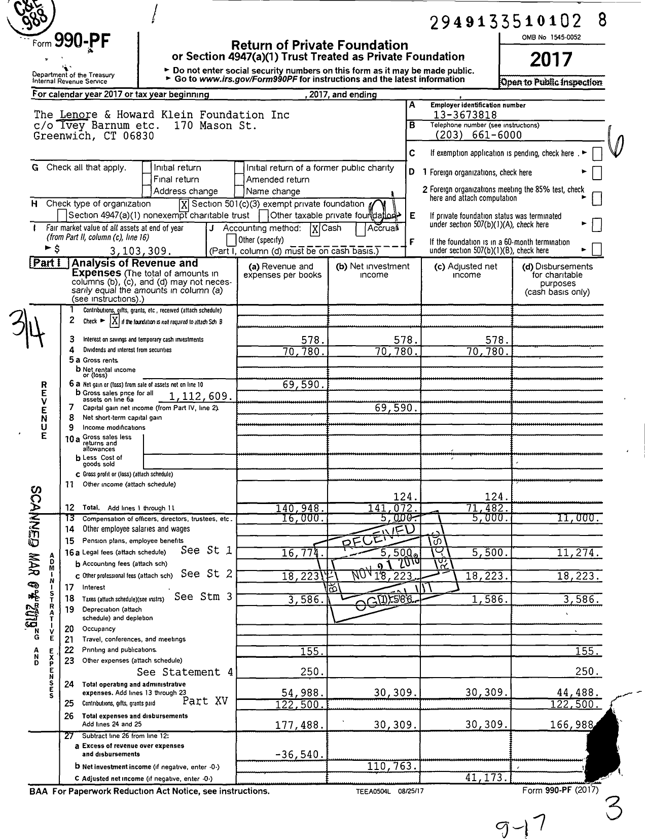 Image of first page of 2017 Form 990PF for The Lenore and Howard Klein Foundation