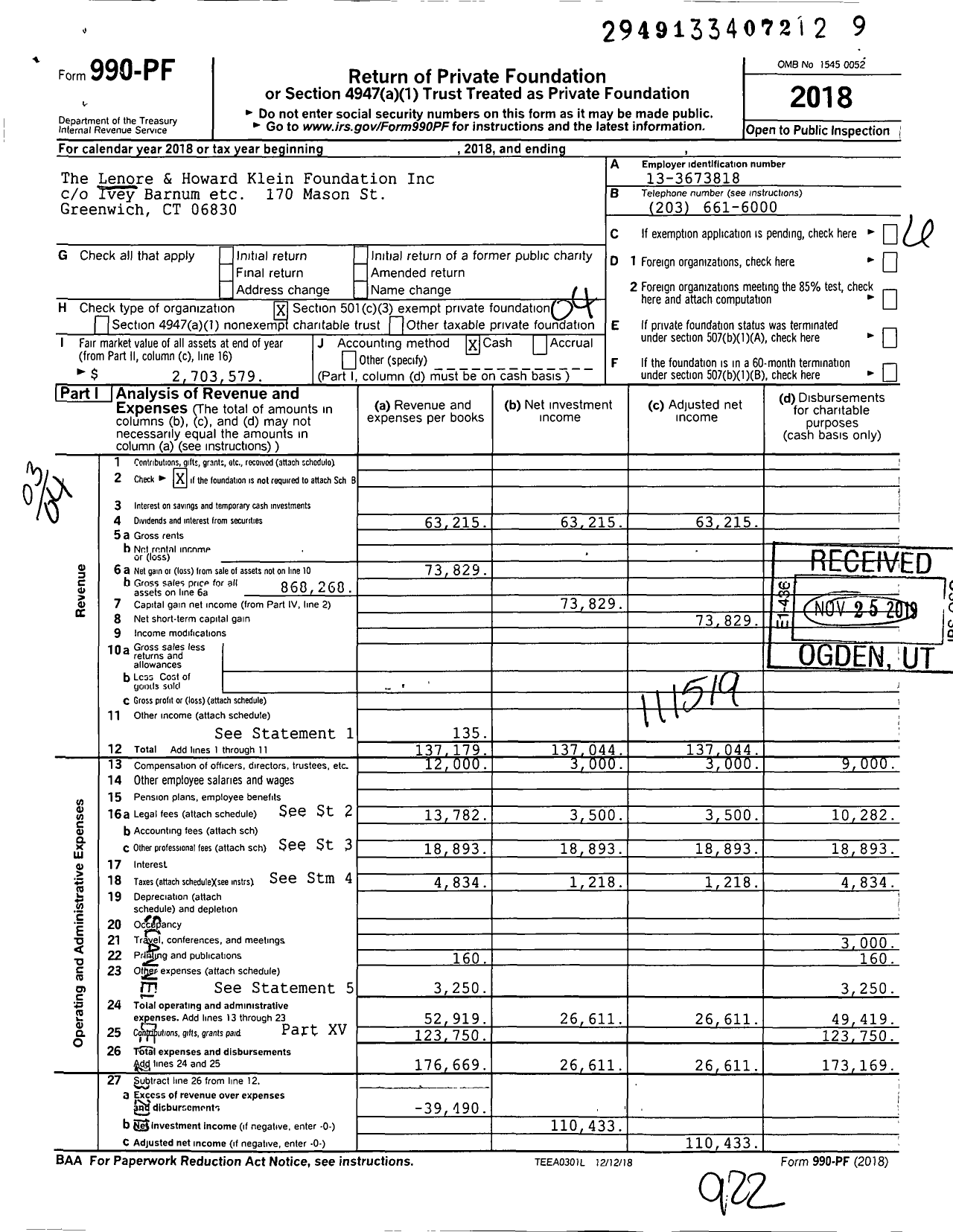 Image of first page of 2018 Form 990PF for The Lenore and Howard Klein Foundation