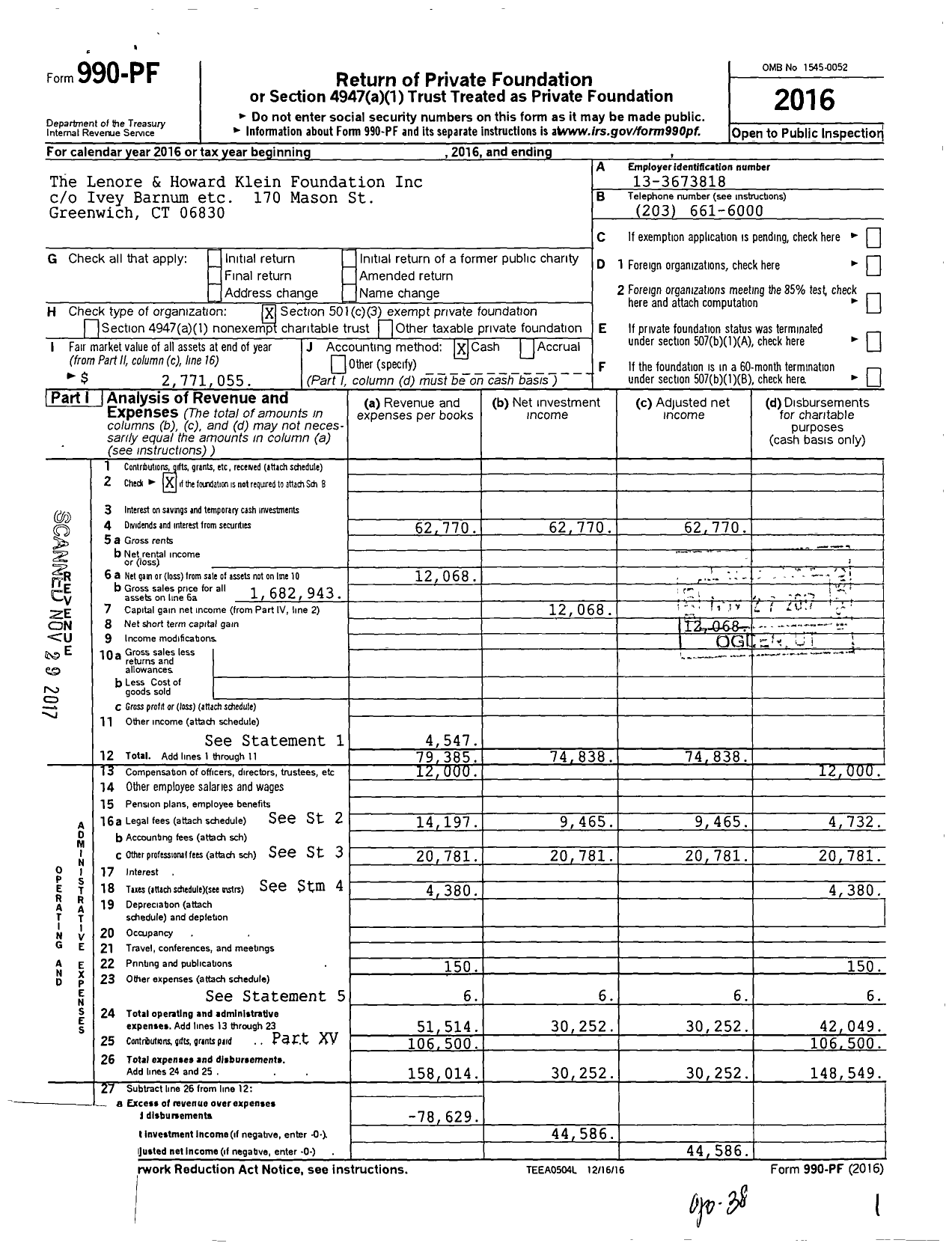 Image of first page of 2016 Form 990PF for The Lenore and Howard Klein Foundation