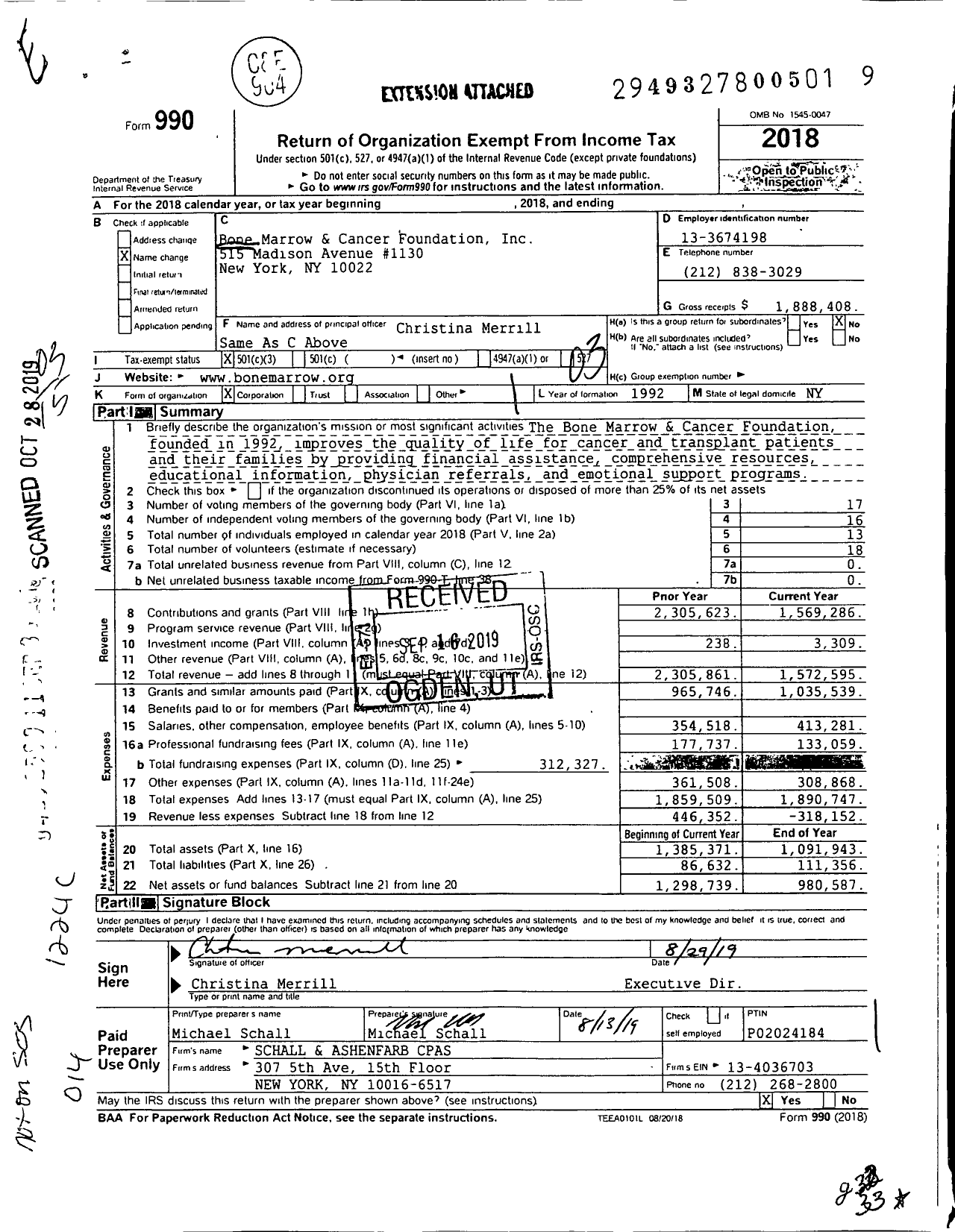 Image of first page of 2018 Form 990 for Bone Marrow and Cancer Foundation