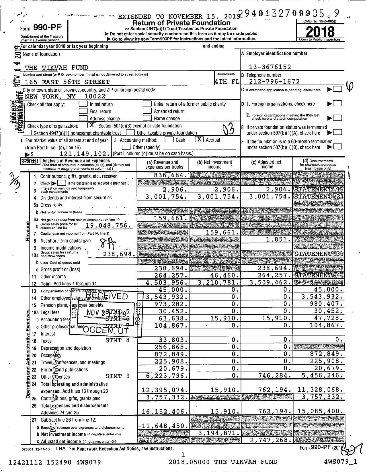 Image of first page of 2018 Form 990PF for Tikvah Fund