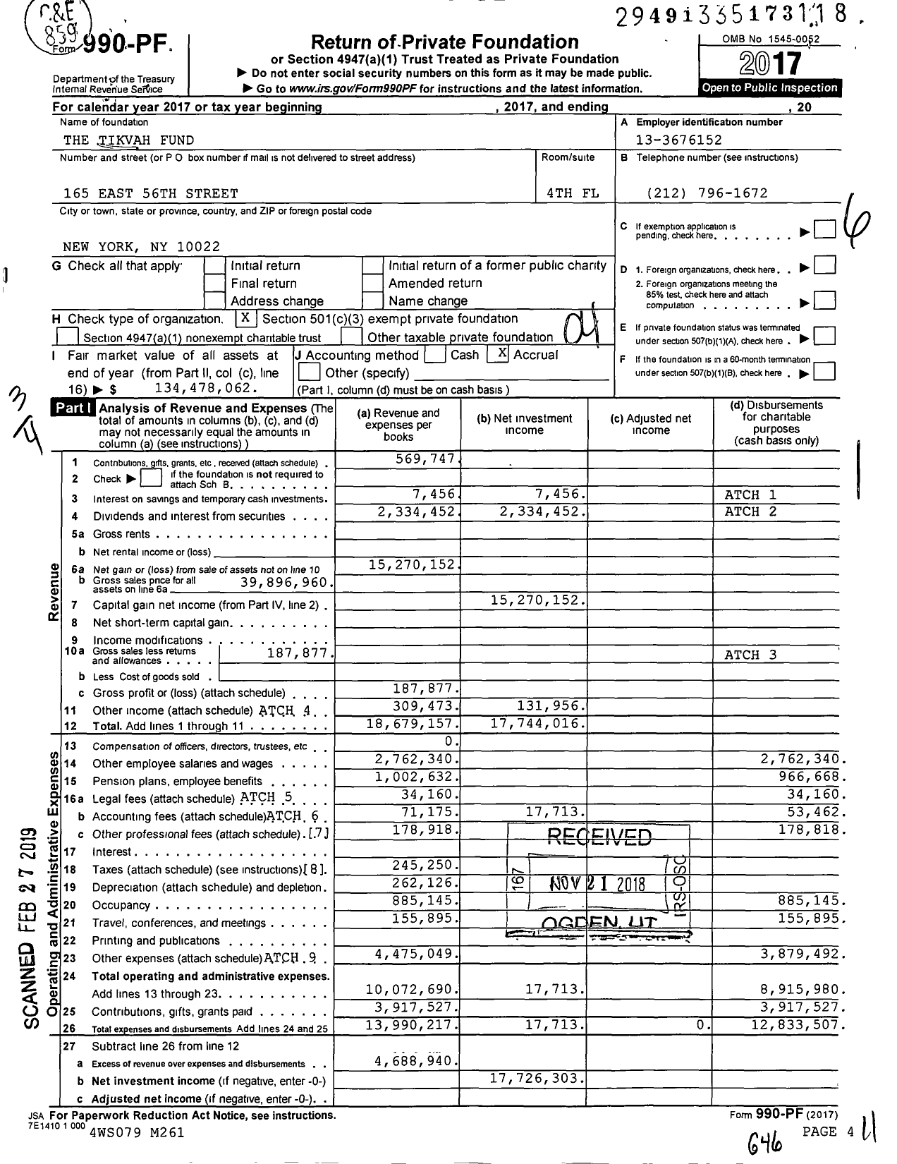 Image of first page of 2017 Form 990PF for Tikvah Fund