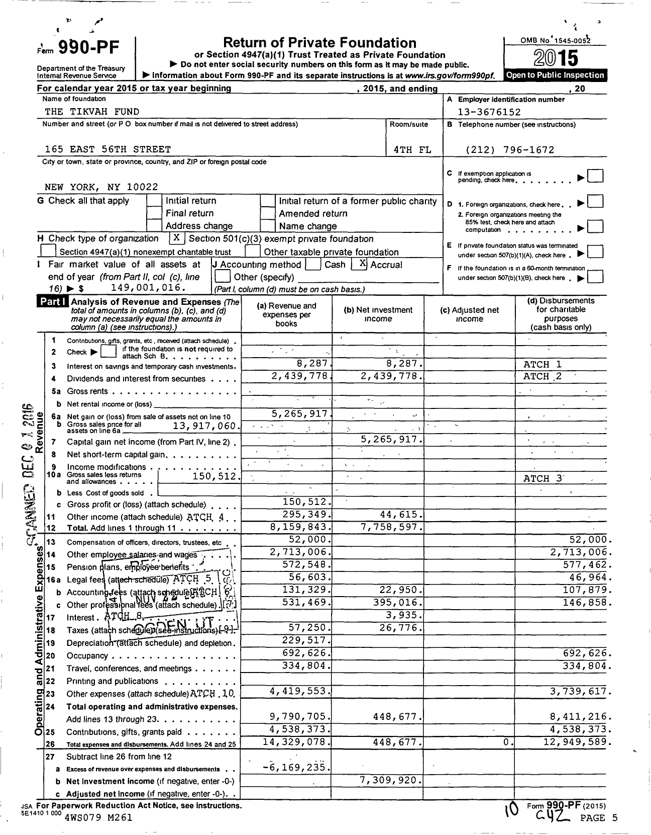 Image of first page of 2015 Form 990PF for Tikvah Fund