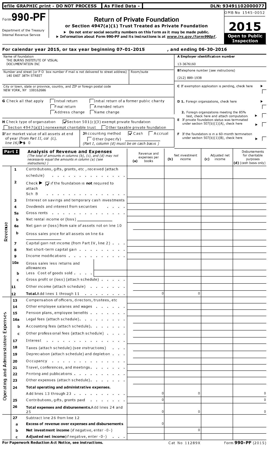 Image of first page of 2015 Form 990PF for The Burns Institute of Visual Documentation