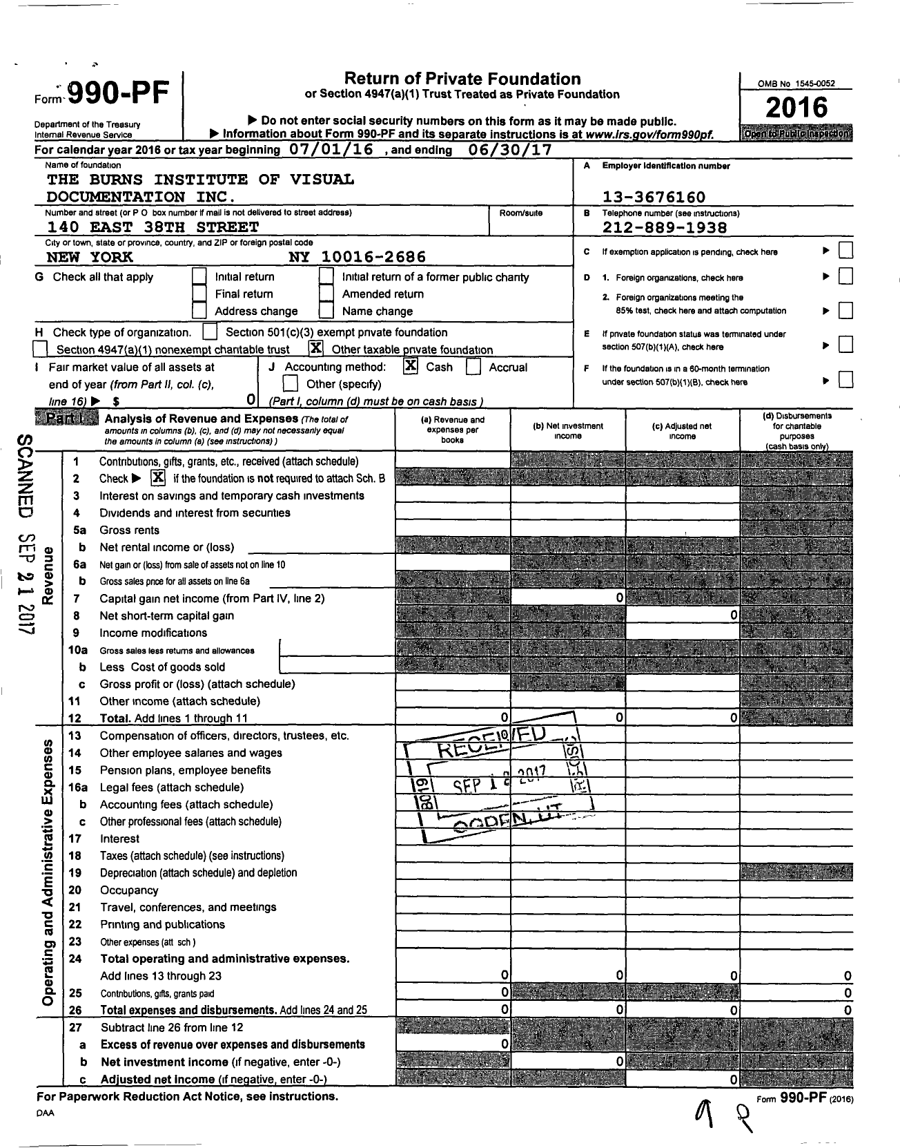 Image of first page of 2016 Form 990PF for The Burns Institute of Visual Documentation