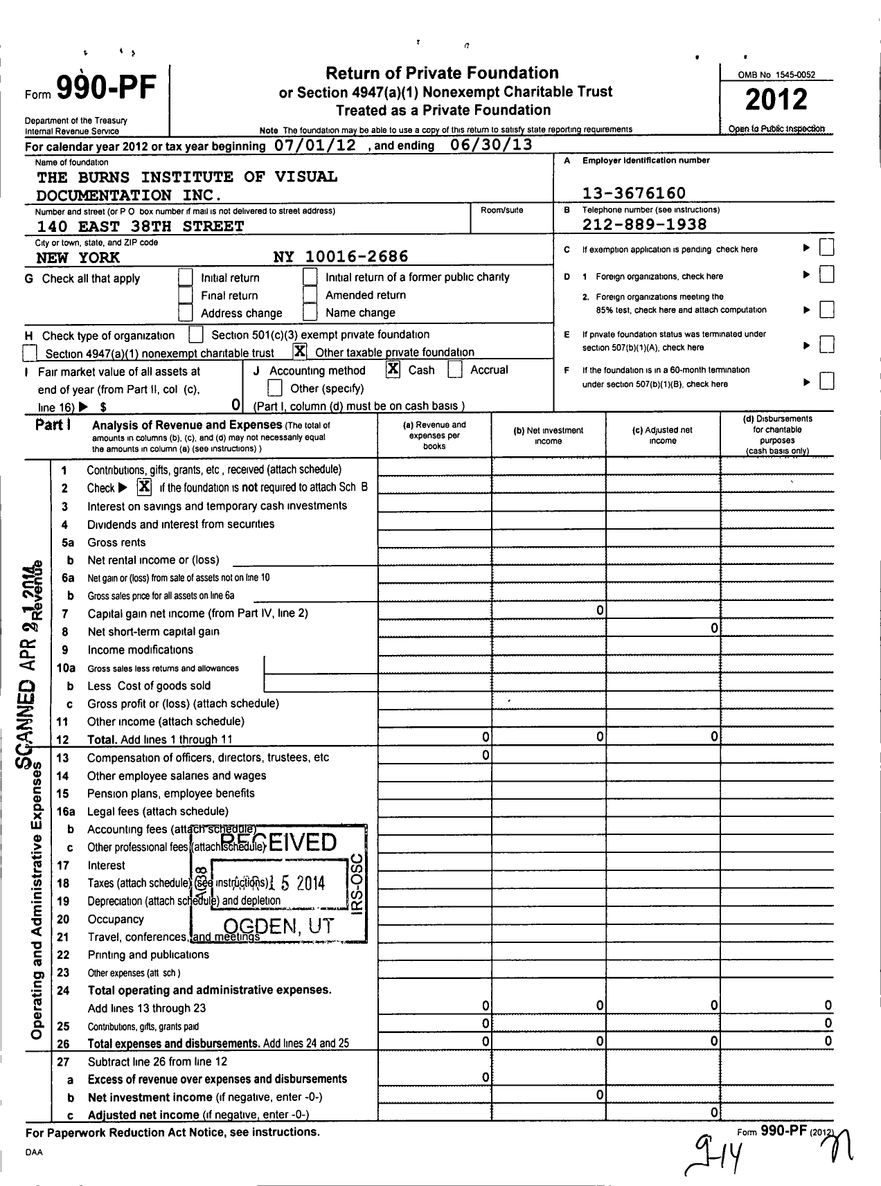 Image of first page of 2012 Form 990PF for The Burns Institute of Visual Documentation