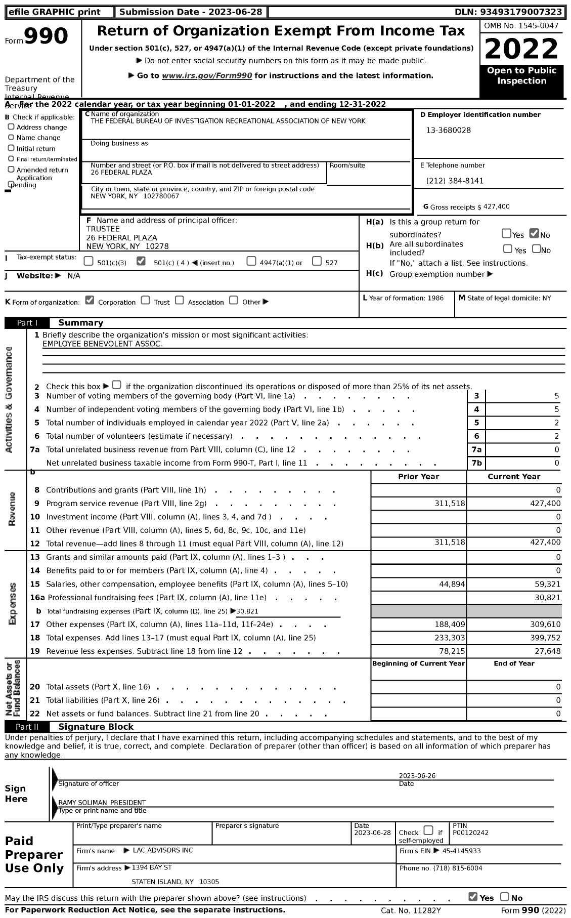 Image of first page of 2022 Form 990 for The Federal Bureau of Investigation Recreational Association of New York