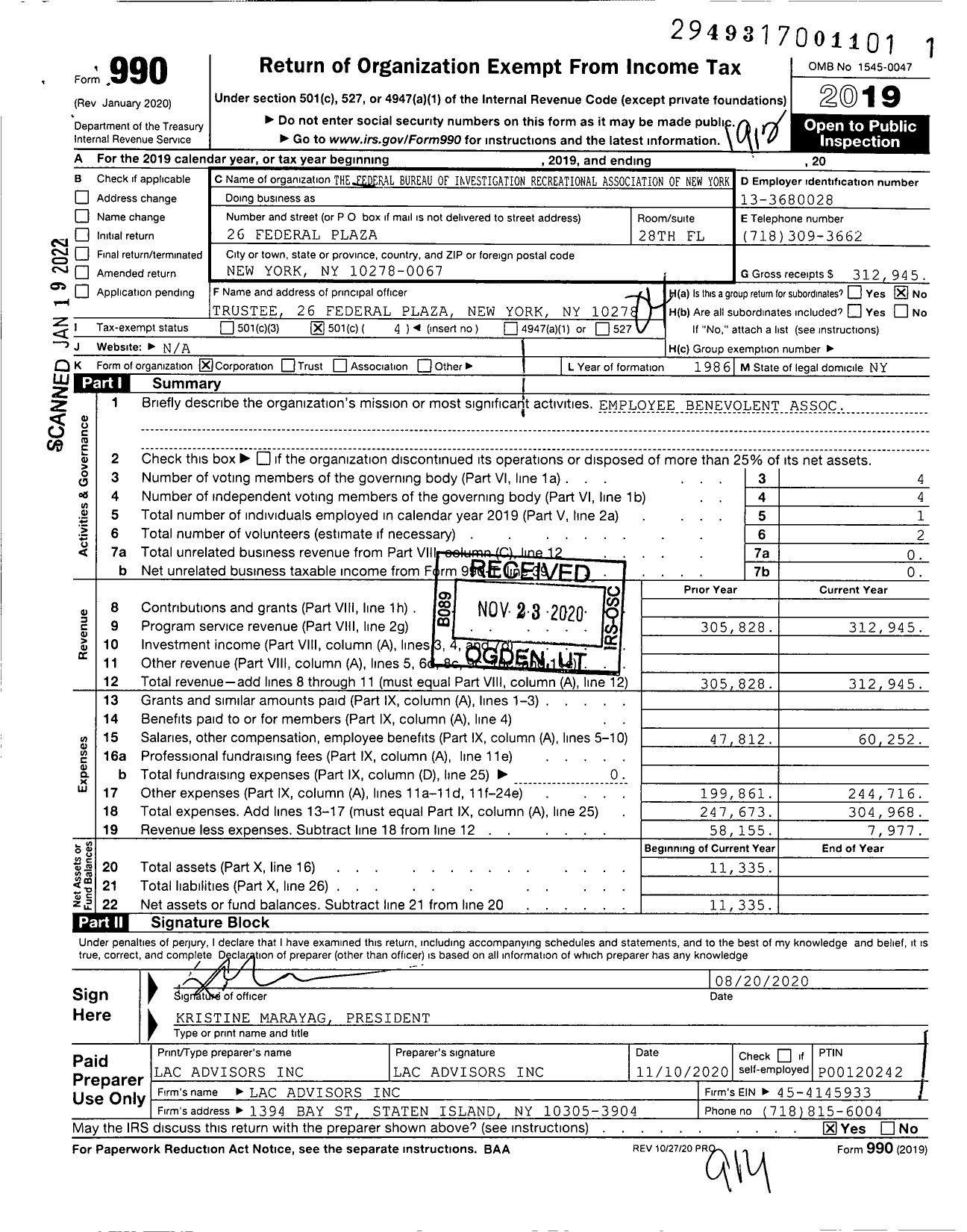 Image of first page of 2019 Form 990O for The Federal Bureau of Investigation Recreational Association of New York