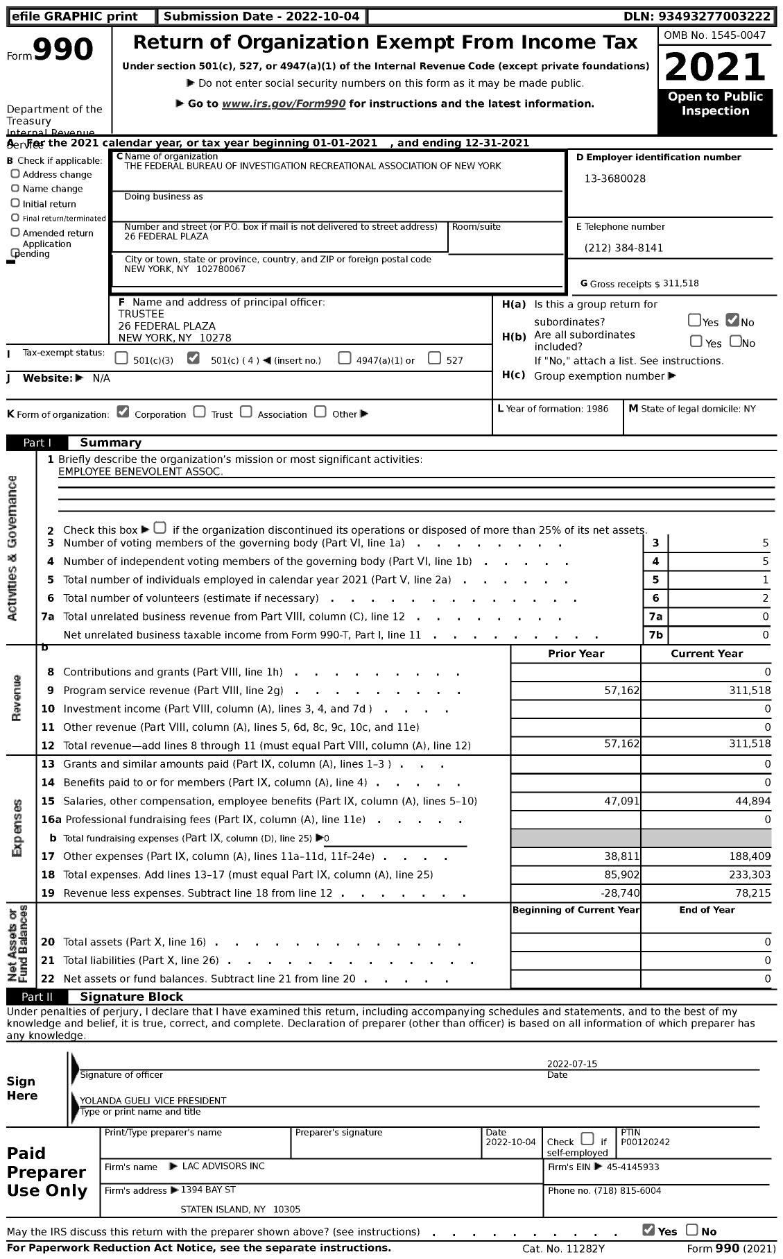 Image of first page of 2021 Form 990 for The Federal Bureau of Investigation Recreational Association of New York