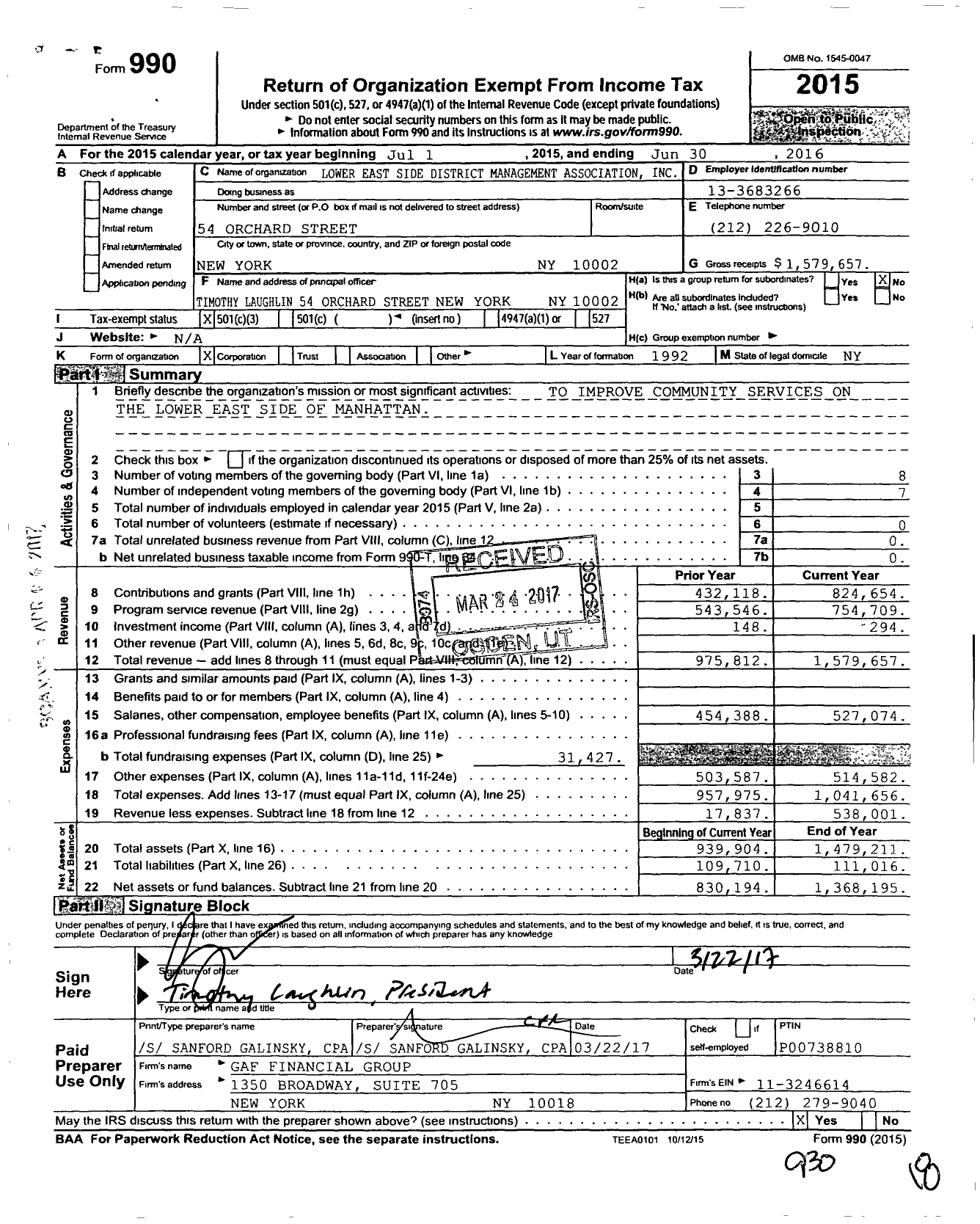 Image of first page of 2015 Form 990 for Lower East Side Partnership