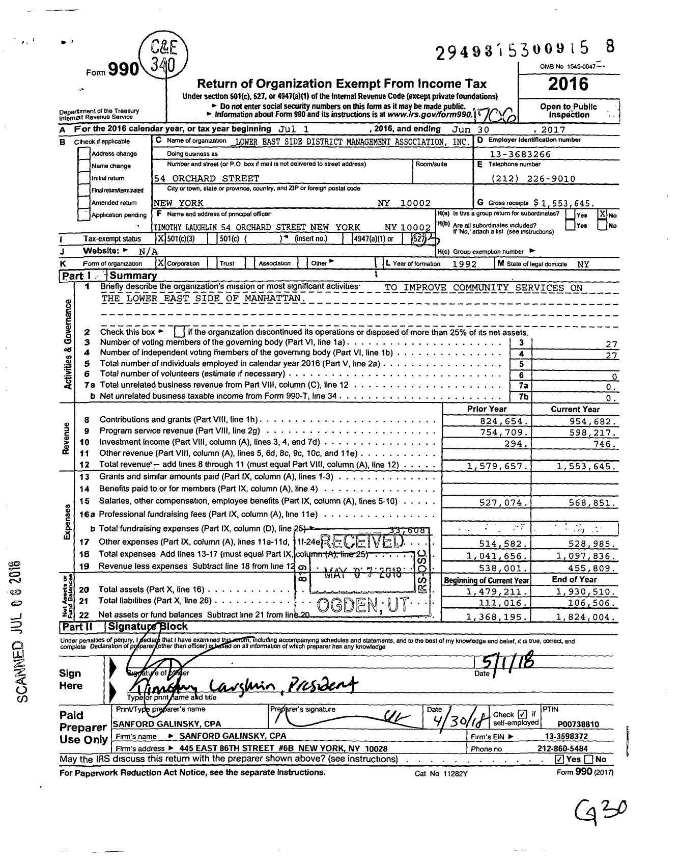 Image of first page of 2016 Form 990 for Lower East Side Partnership