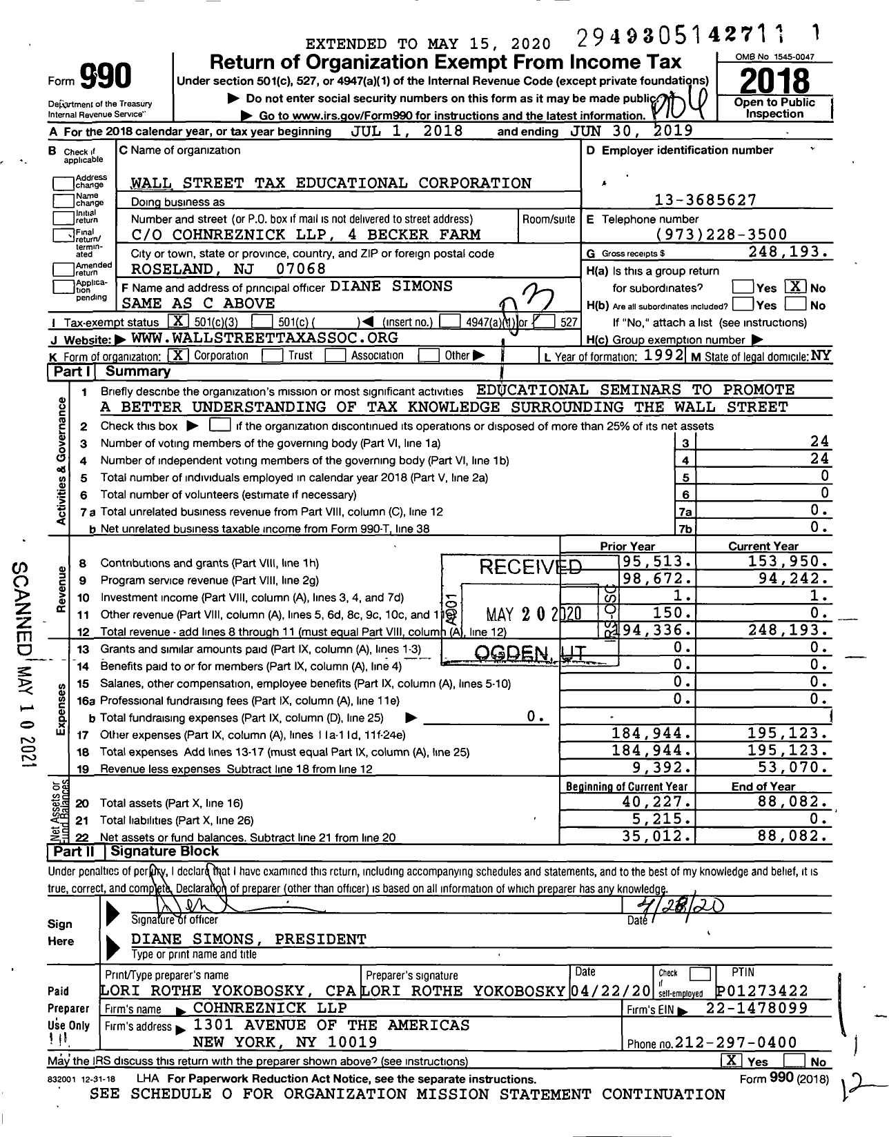 Image of first page of 2018 Form 990 for Wall Street Tax Educational Corporation