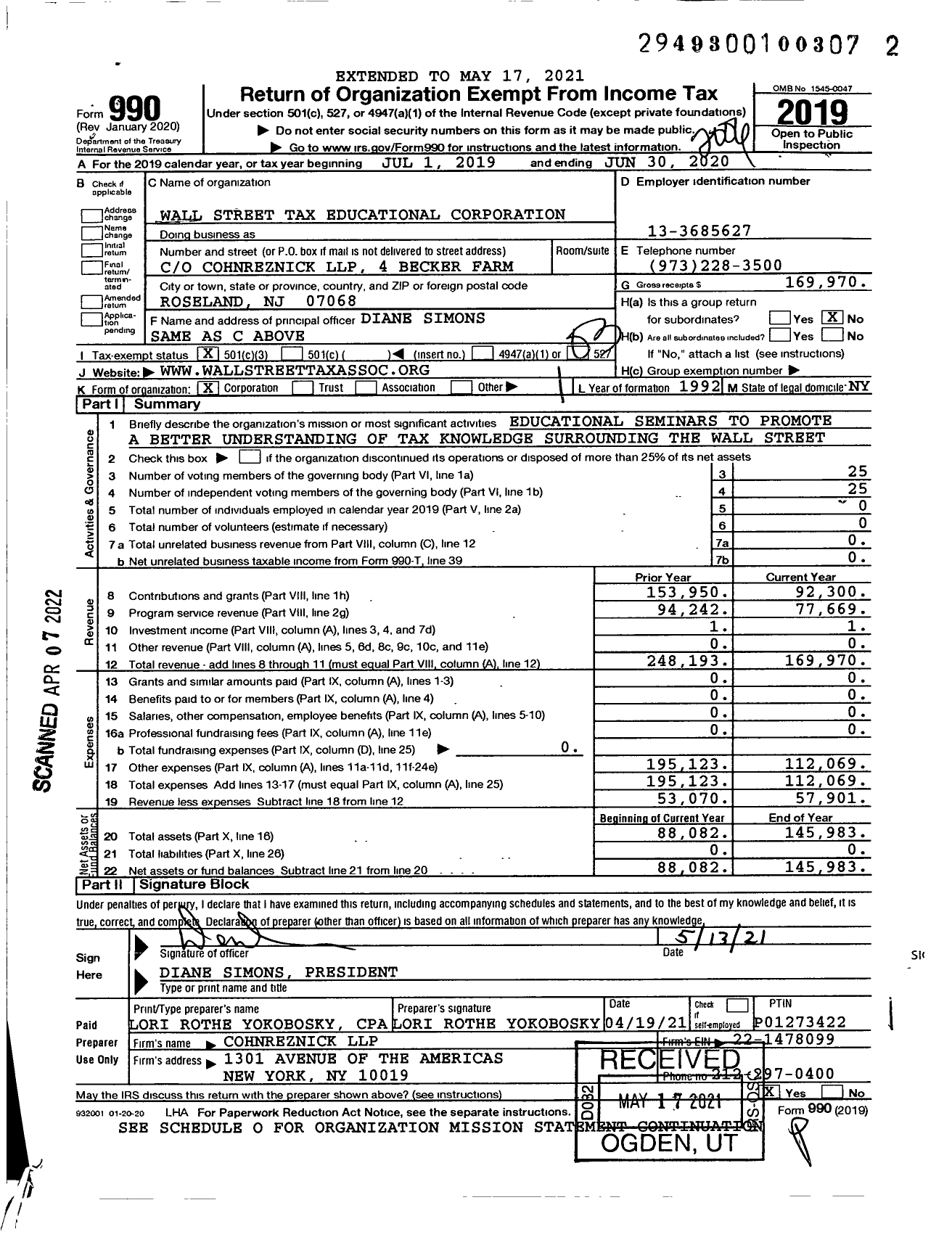 Image of first page of 2019 Form 990 for Wall Street Tax Educational Corporation