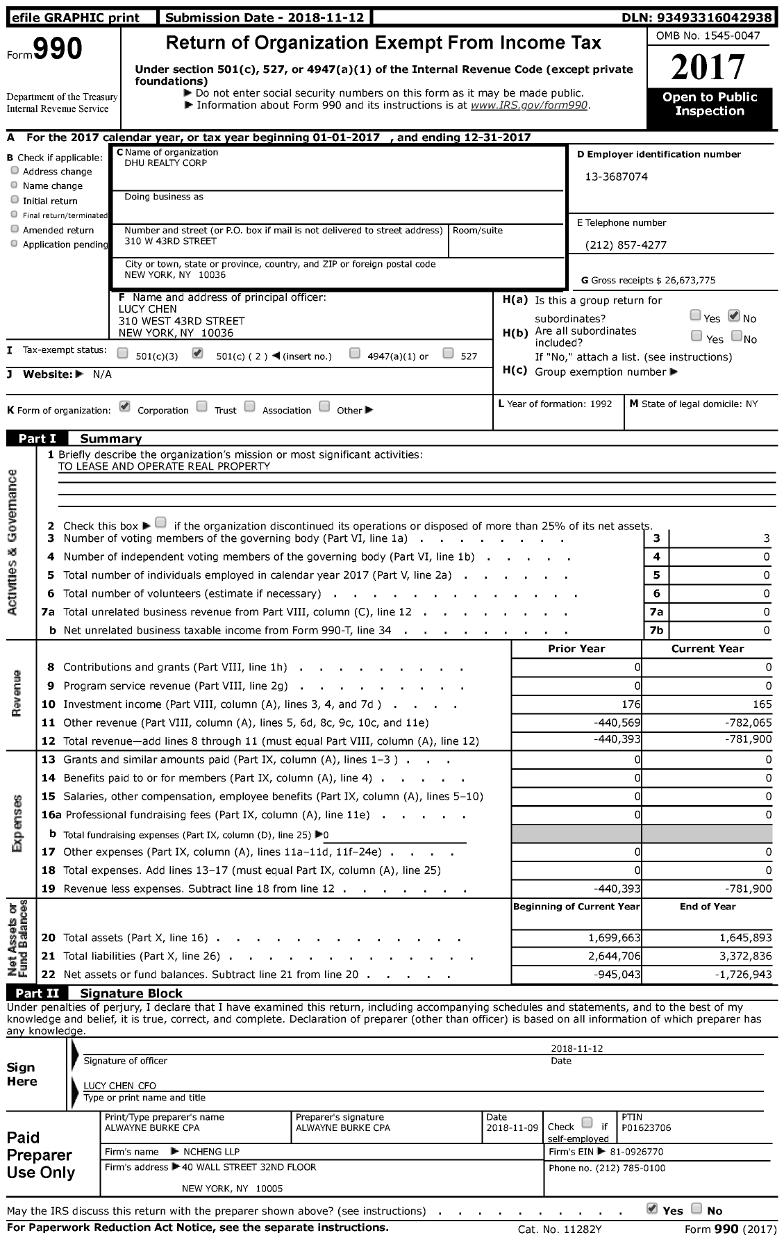 Image of first page of 2017 Form 990 for DHU Realty Corporation